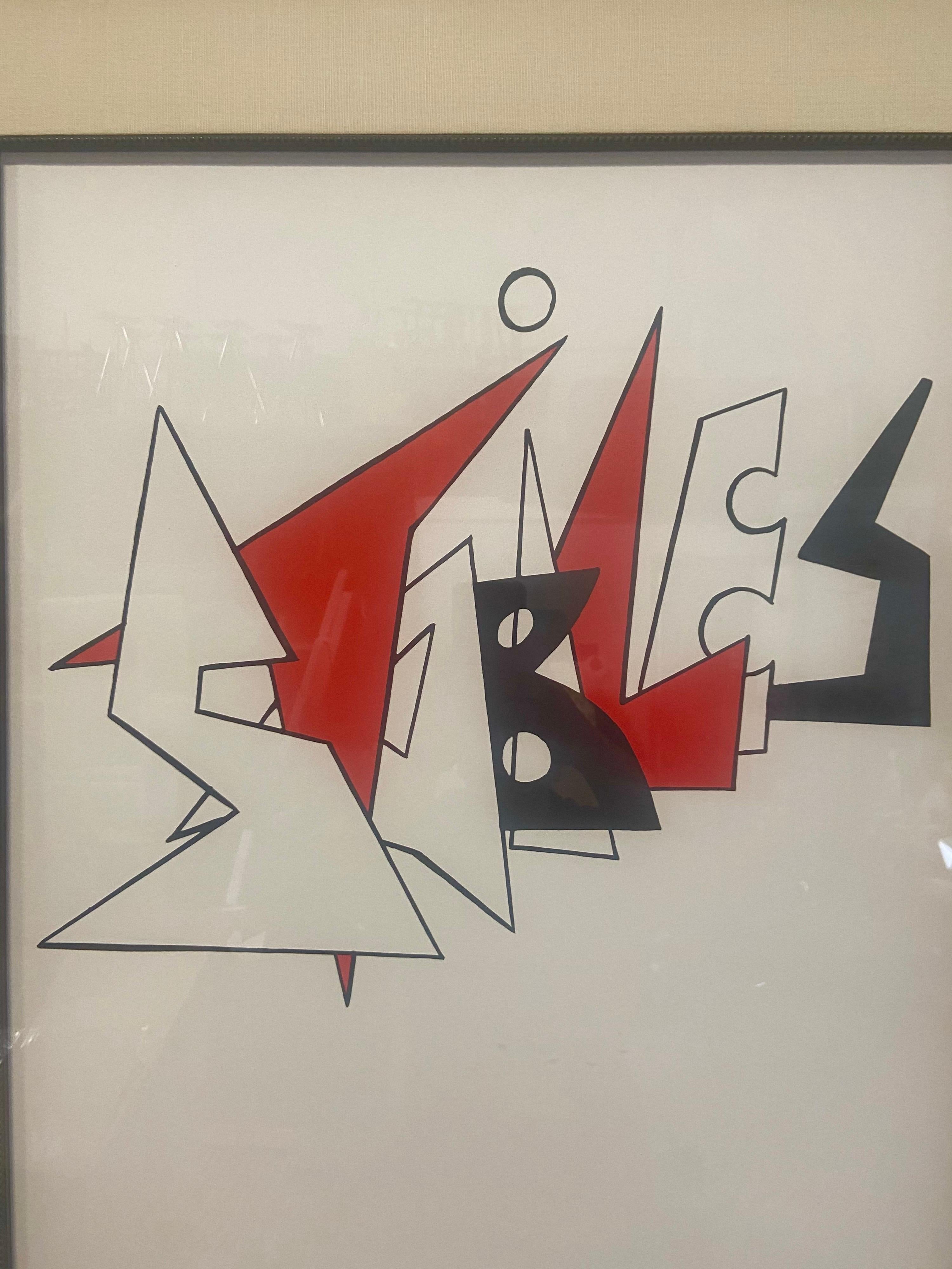 Near mint artwork by Calder with the colors bright and vibrant.

Title “Grand Stabiles” from 1962. Publisher Margot, Paris.

The frame is 32 1/2 inches wide 39 inches high. The lithograph is 20 1/2 inches wide by 27 inches high. Hand signed and