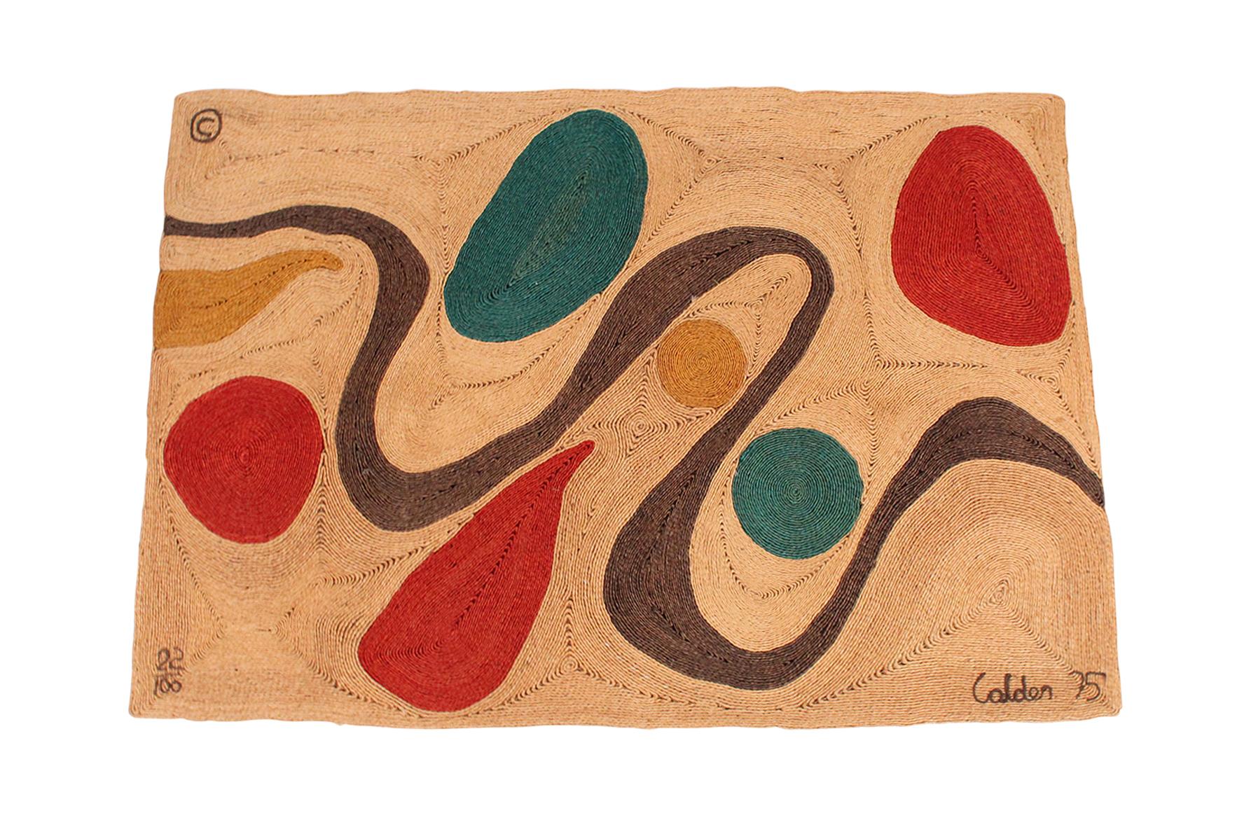 Alexander Calder jute fiber tapestry titled “Turquoise”. Produced by CAC Publication and Bon Art, Nicaragua in 1975. This example is #22/100. Embroidered mark to lower right “Calder 75”.