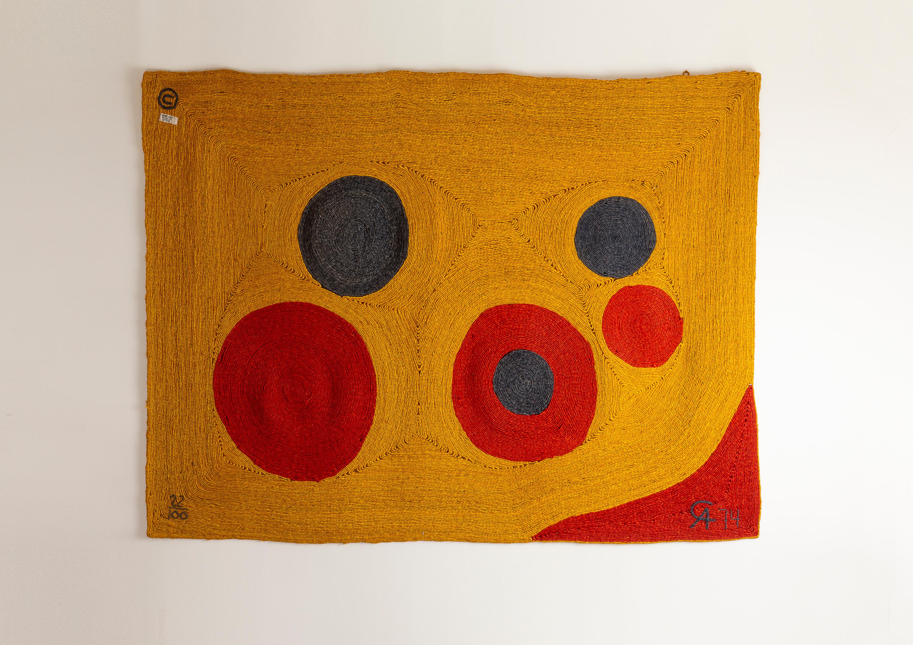 A Tapestry « Sun » by the American artist Alexander Calder (1998-1976), in hand-woven maguey fiber, made by CAC Publications/Bon Art, Guatemala, dated, “74”, monogrammed “CA”, numbered “22/100” and with the label mentioning “Bon Art Woven Art Hand