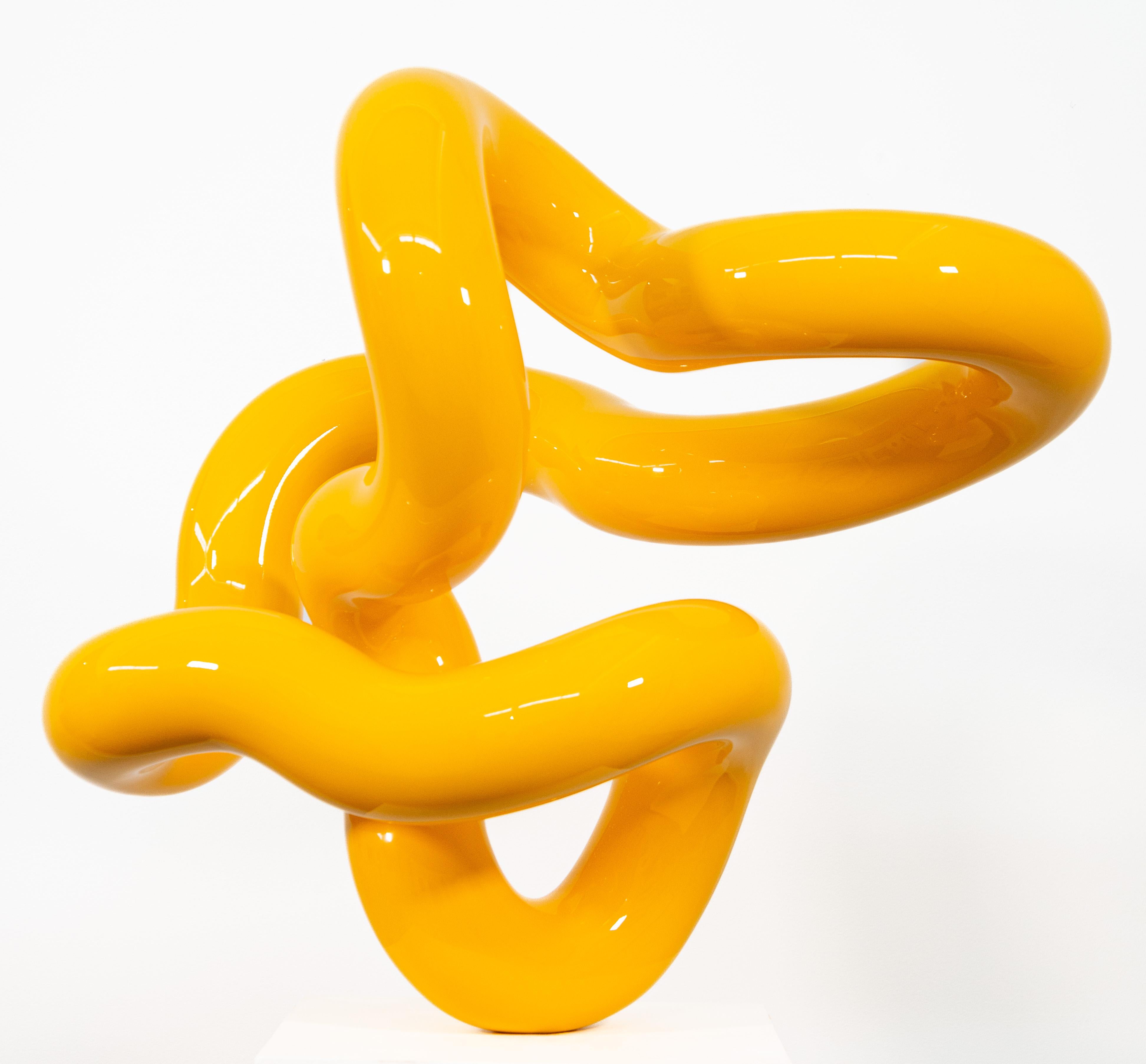 Alexander Caldwell Abstract Sculpture - Yellow Circuit - polished, abstract, painted, stainless steel sculpture