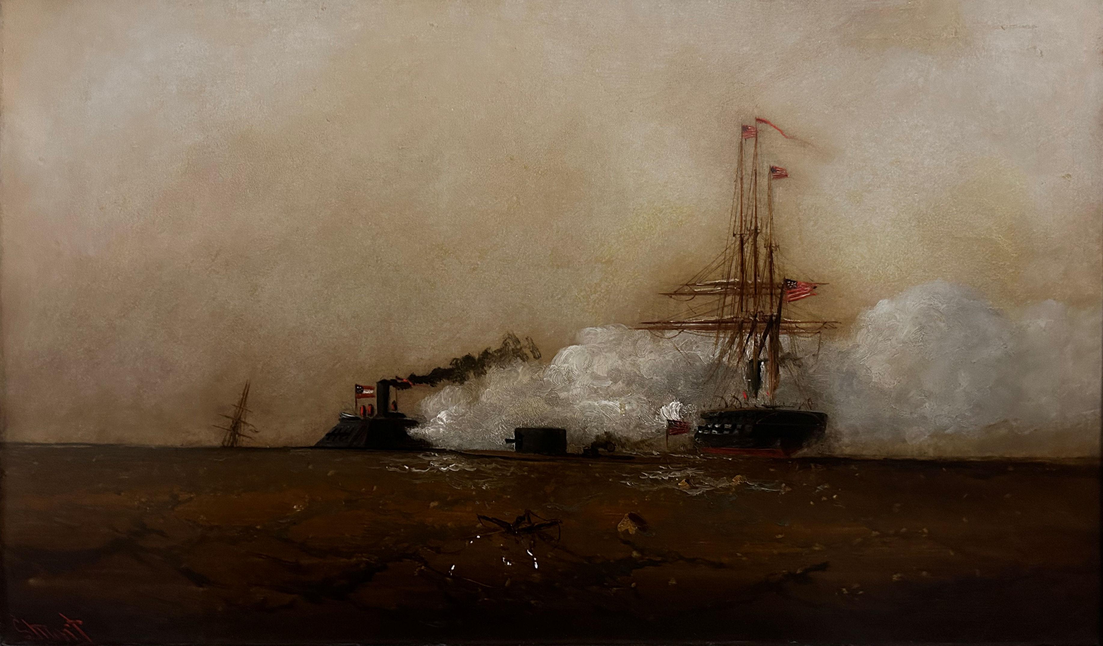 Alexander Charles Stuart
L'attaque du Merrimac
Signé en bas à gauche
Huile sur carton d'artiste
13 3/4 x 23 1/4 pouces

Alexander Charles Stuart, peintre de navires et de marines d'origine écossaise, travaillait principalement dans les chantiers