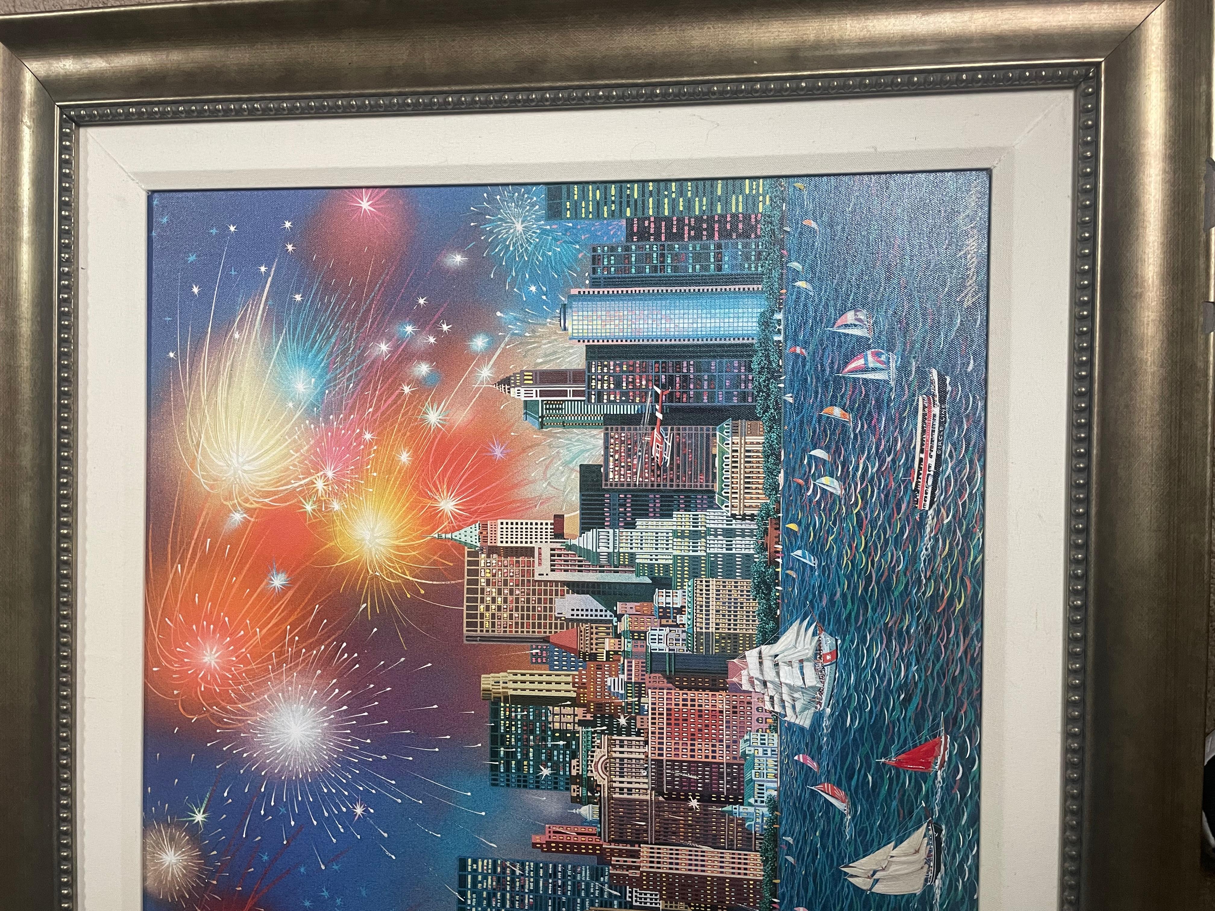 This is an embellished giclee signed and numbered. In good condition. Frame has some chips. 