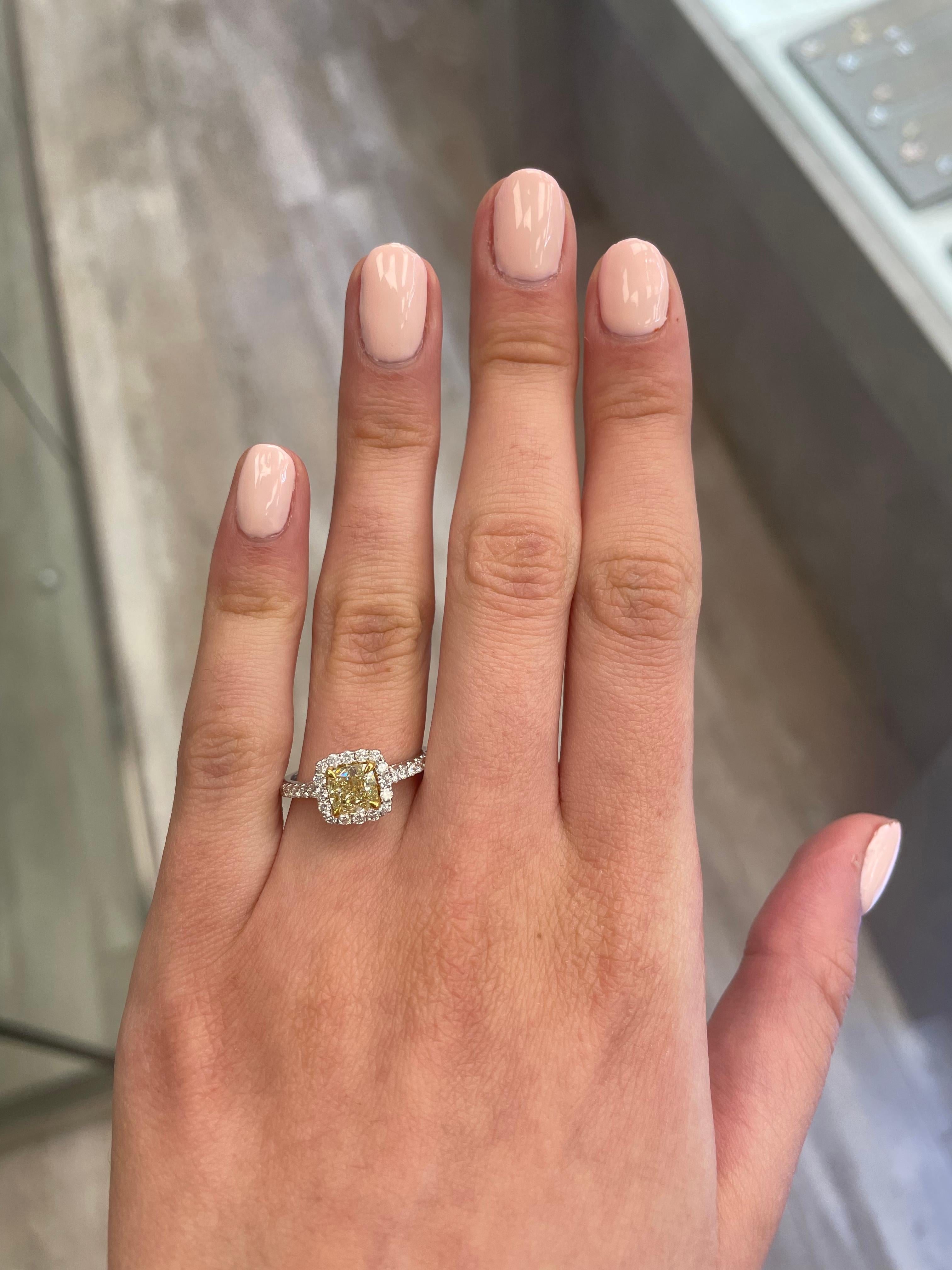 Stunning modern EGL certified yellow diamond with halo ring, two-tone 18k yellow and white gold. By Alexander Beverly Hills
1.53 carats total diamond weight.
1.03 carat cushion cut Fancy Vivid Yellow color and SI1 clarity diamond, EGL graded.