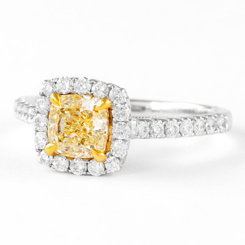 Contemporary Alexander EGL 1.03ct Fancy Vivid Yellow Cushion Diamond with Halo Ring 18k For Sale