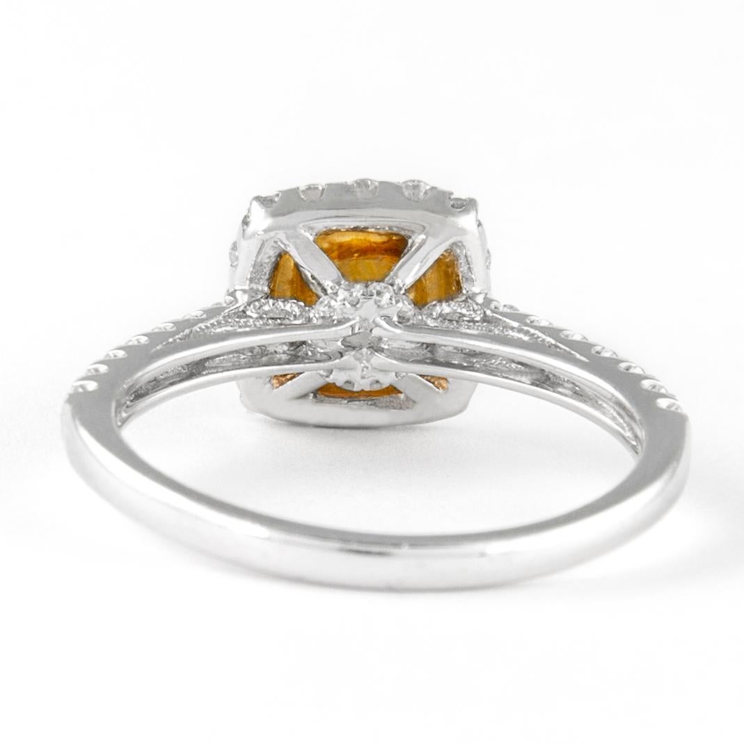 Alexander EGL 1.03ct Fancy Vivid Yellow Cushion Diamond with Halo Ring 18k In New Condition For Sale In BEVERLY HILLS, CA