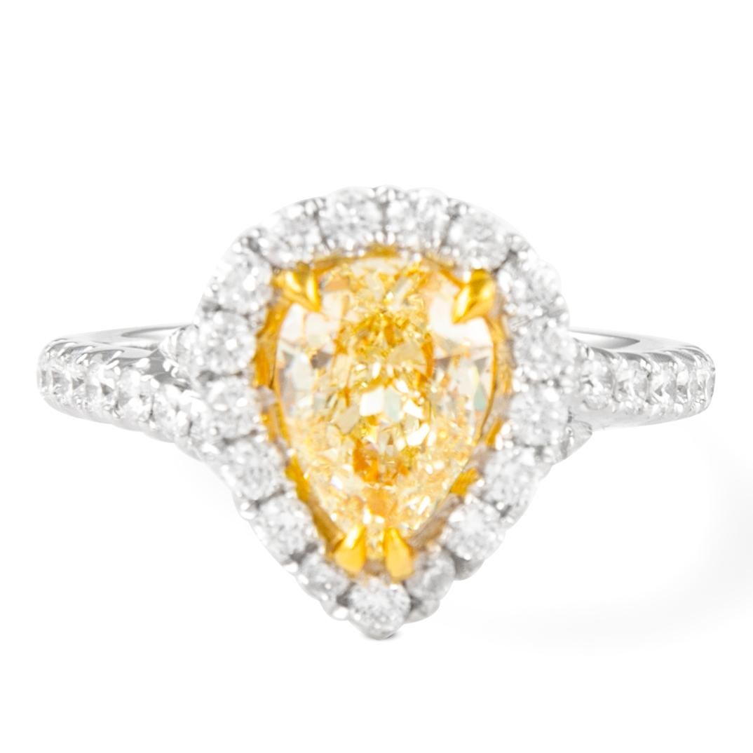 Alexander EGL 1.23ct Fancy Yellow Pear Diamond with Halo Ring 18k In New Condition For Sale In BEVERLY HILLS, CA