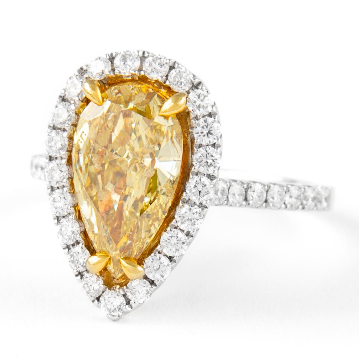 Contemporary Alexander EGL 2.25ct Fancy Vivid Yellow Pear Diamond with Halo Ring 18k For Sale