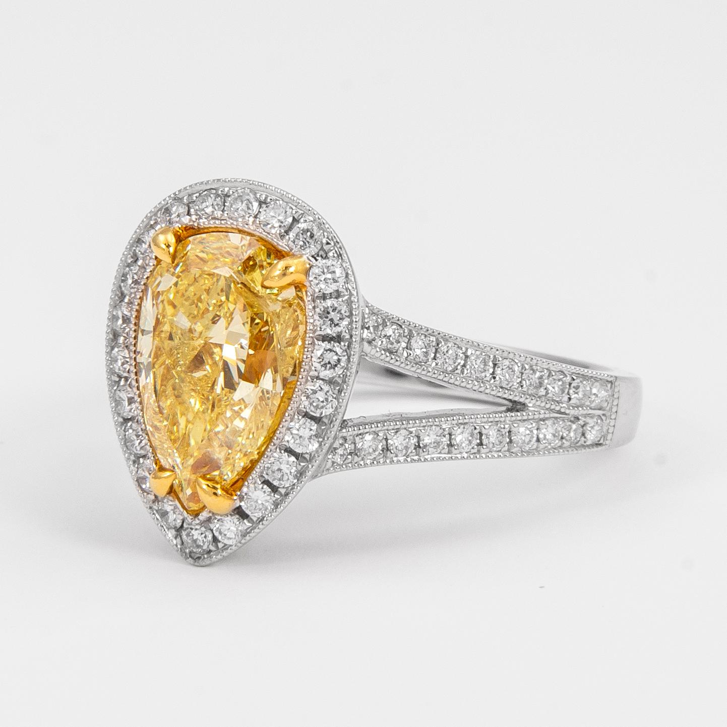 Contemporary Alexander EGL 2.50ct Fancy Vivid Yellow Pear Diamond with Halo Ring 18k For Sale