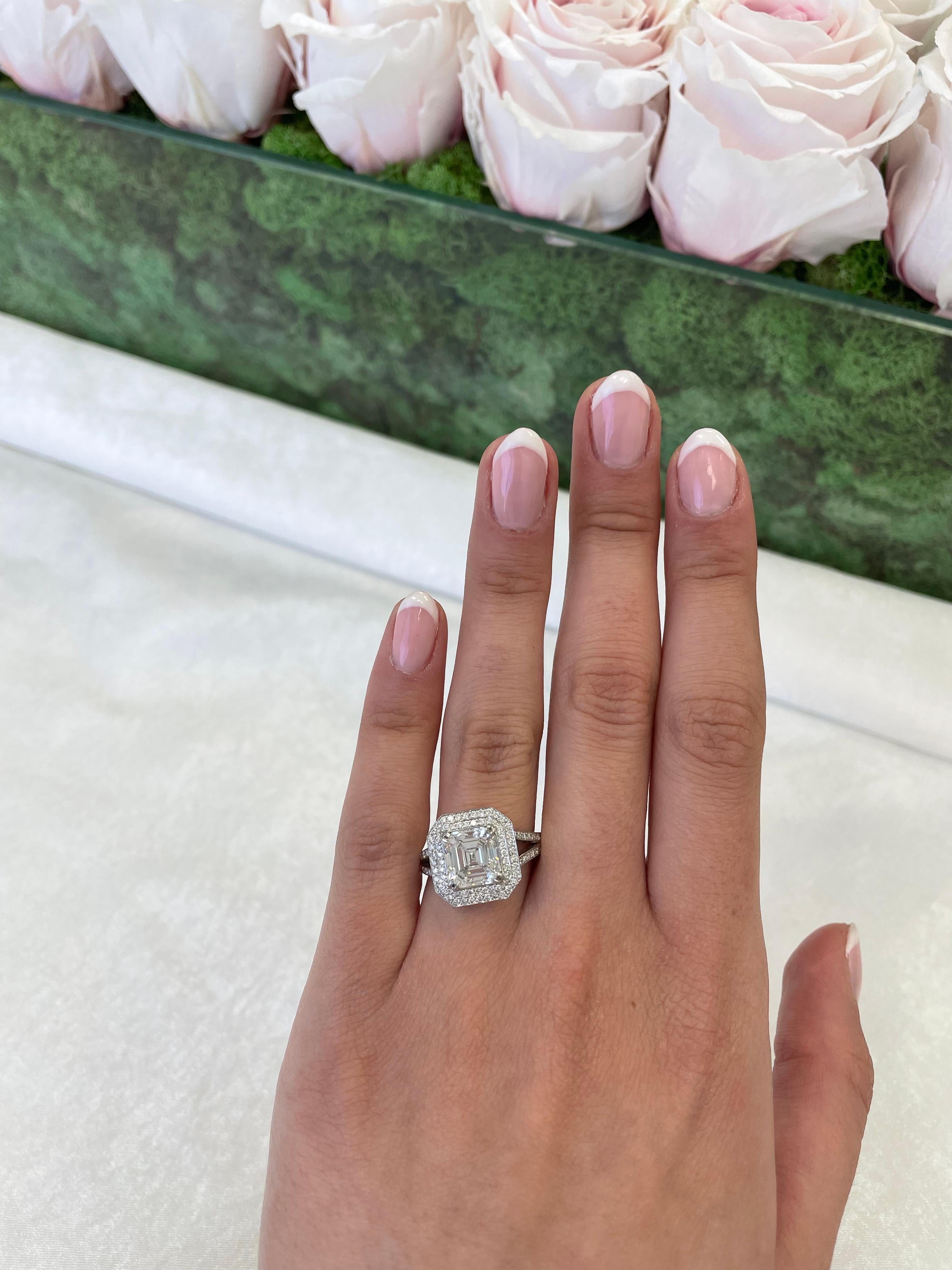 Stunning and classic three-stone diamond engagement ring, GIA certified. 
High jewelry by Alexander Beverly Hills. 
3.60 carats total diamond weight.
Center stone, 3.02ct asscher cut diamond. F color grade, VS1 clarity grade, GIA certified.