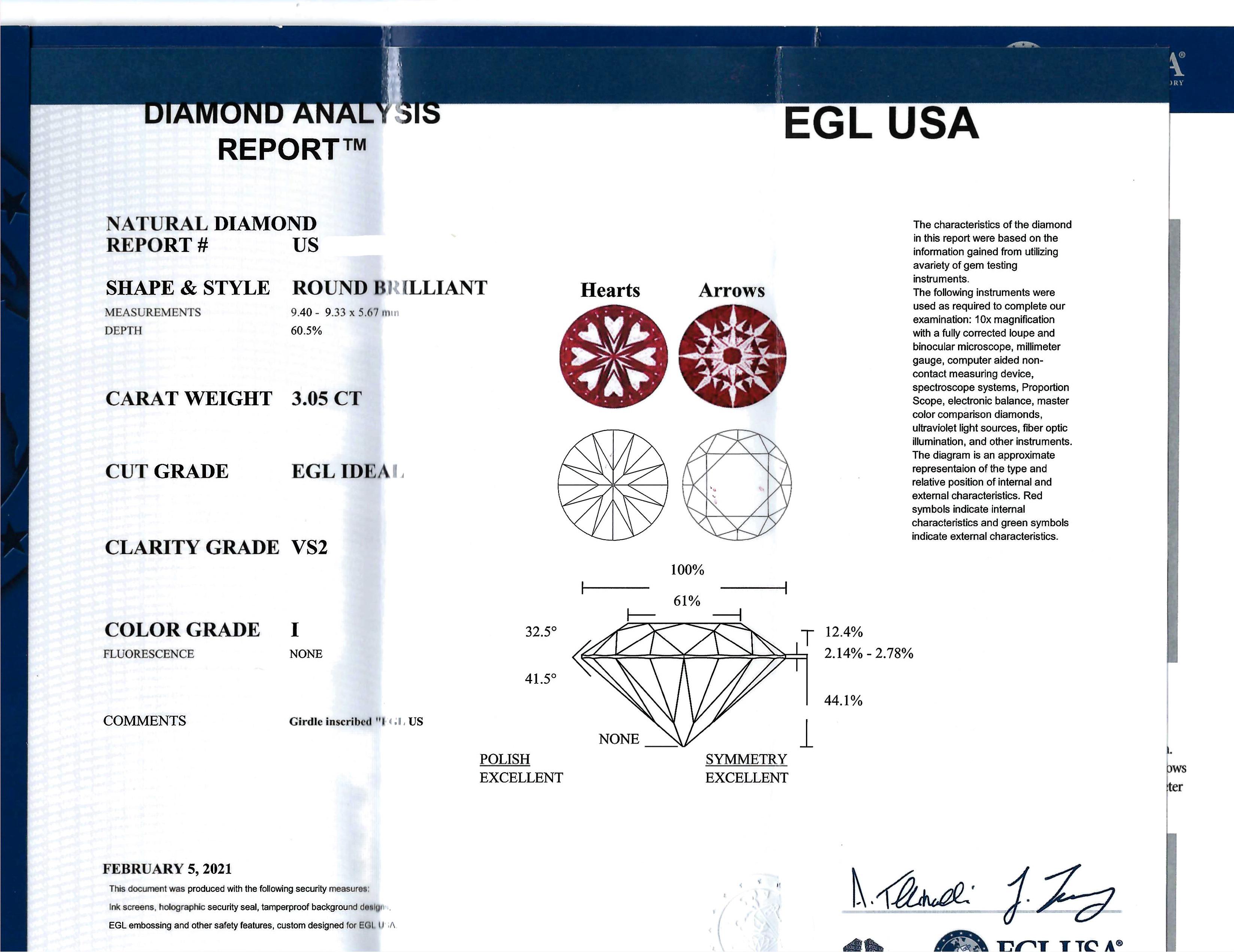 Alexander EGL 3.05 Carat Round Cut Diamond Three Stone Ring 18 Karat White Gold For Sale 2