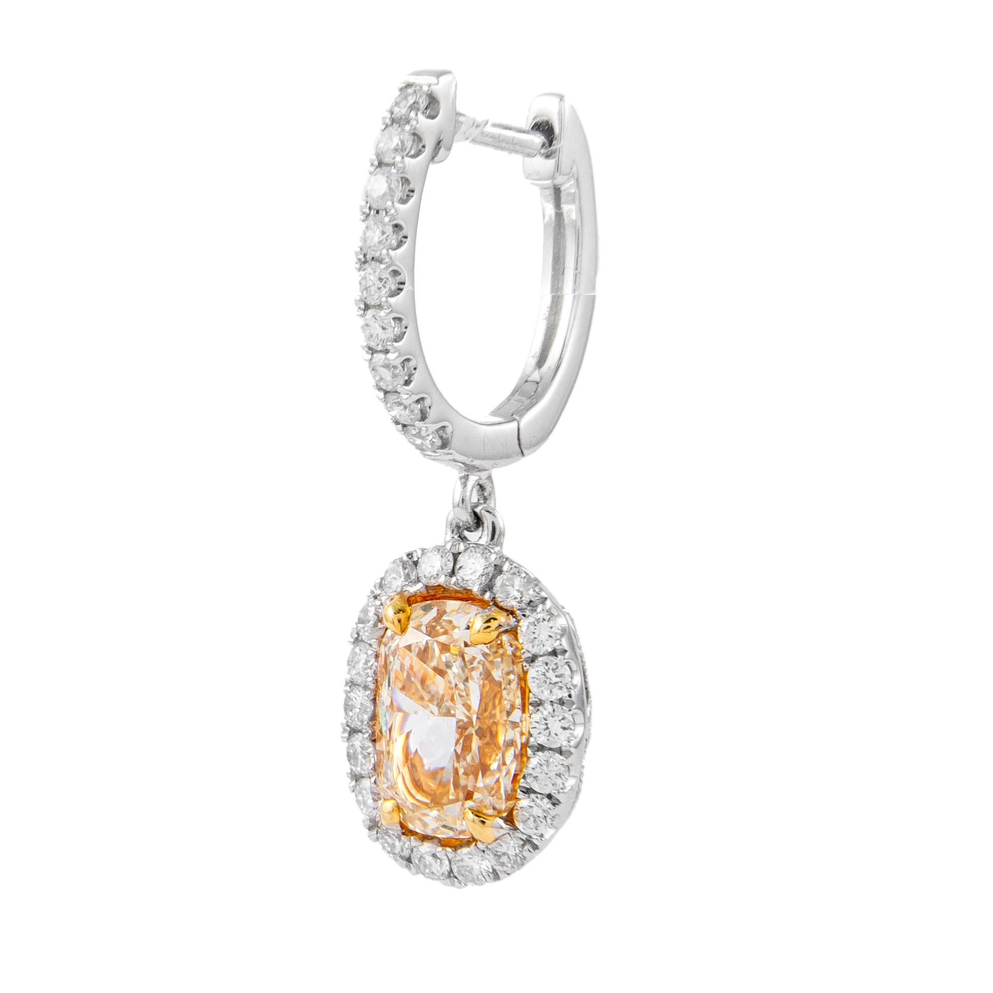 Contemporary Alexander EGL 3.10ct Fancy Yellow Diamond with Halo Drop Earrings 18k Gold