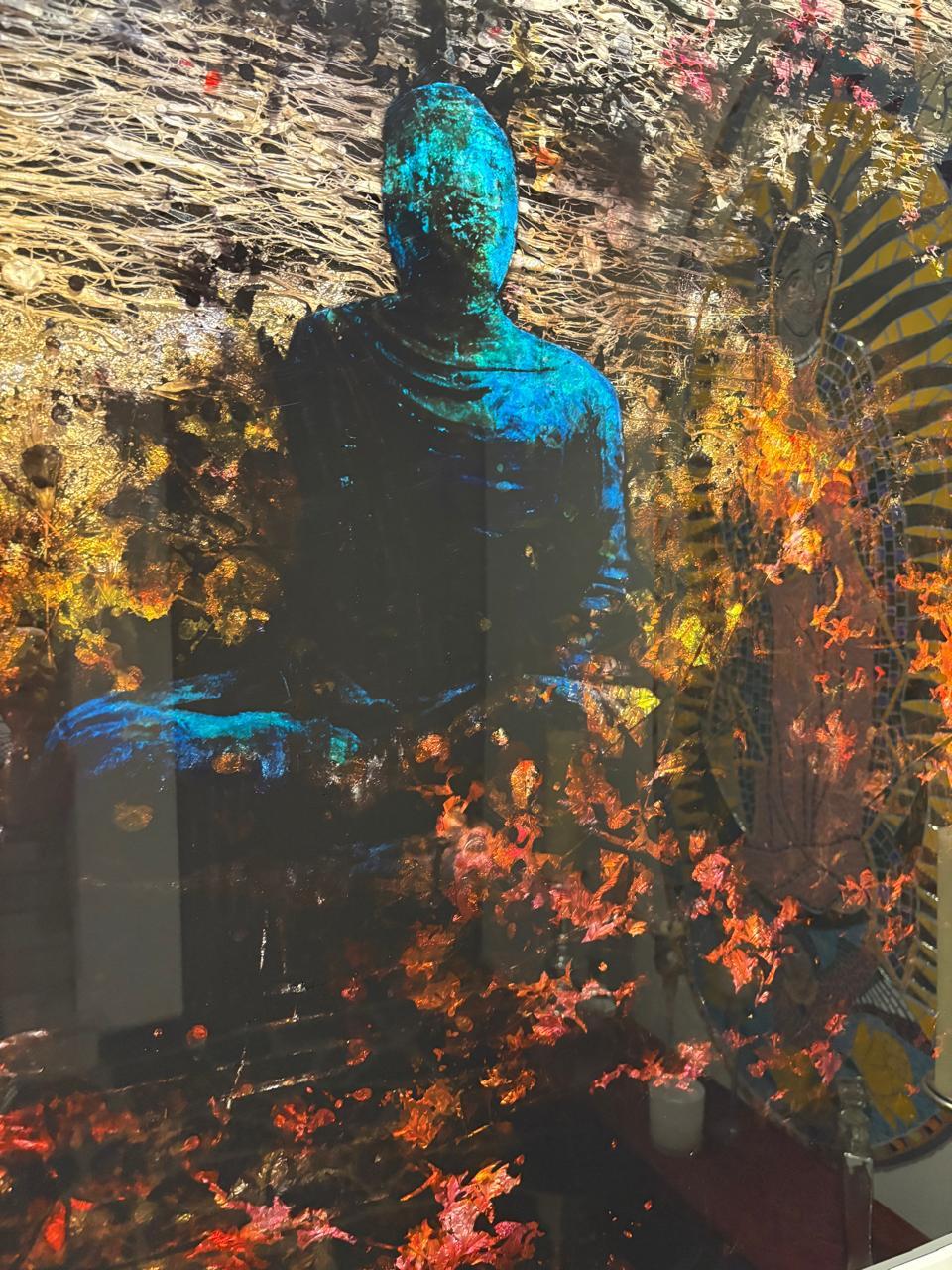 Crafted with an extraordinary combination of organic and precious materials—papaya leaves, wheat shafts, long stem grass, twigs, mercury, gold and silver leaf, ash, and layered resin on fiberglass—this one-of-a-kind work embodies both spiritual