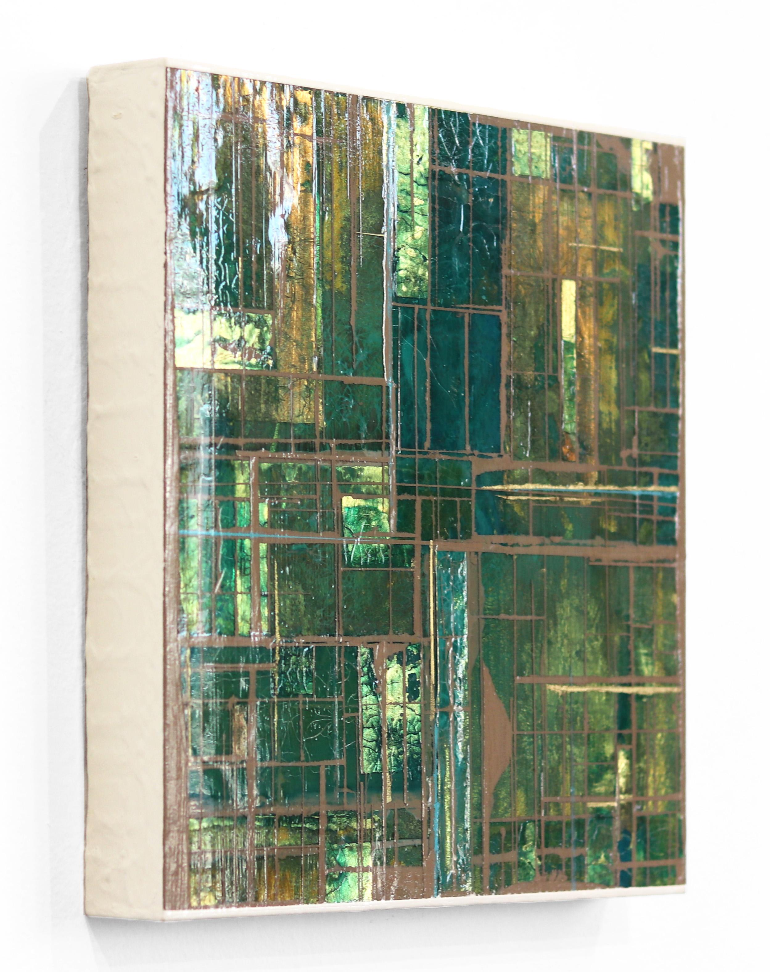 Désert bleu n° 6  -  Peinture murale originale géométrique abstraite verte et or   en vente 1