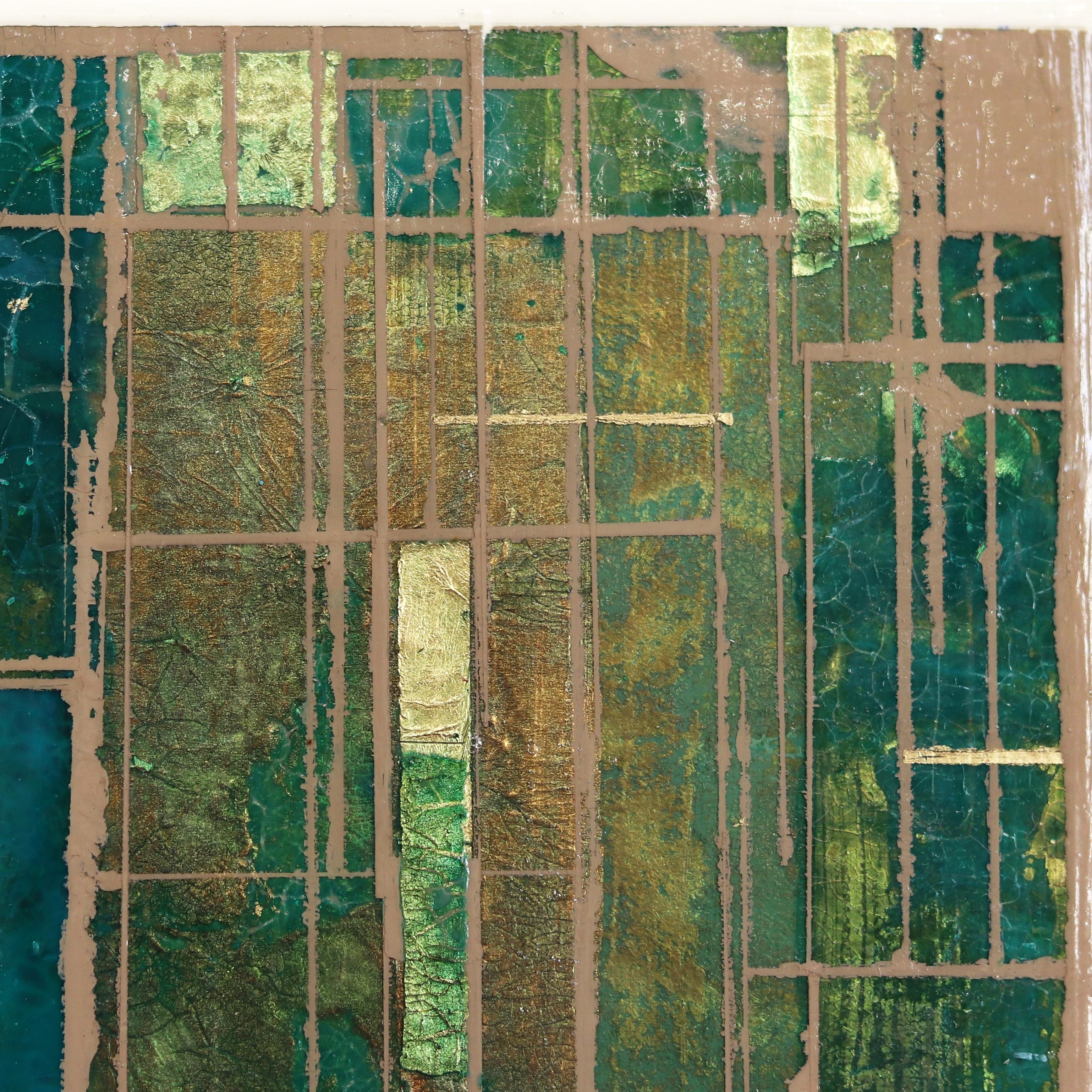Désert bleu n° 6  -  Peinture murale originale géométrique abstraite verte et or   en vente 2