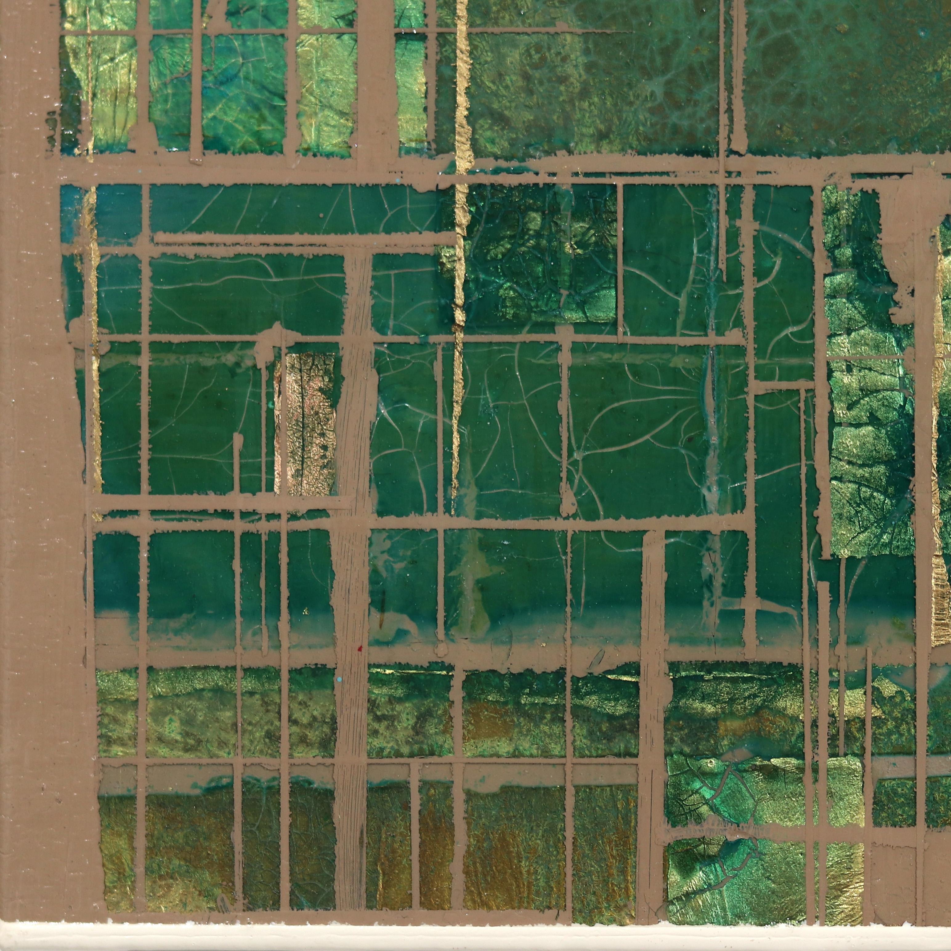 Désert bleu n° 6  -  Peinture murale originale géométrique abstraite verte et or   en vente 4