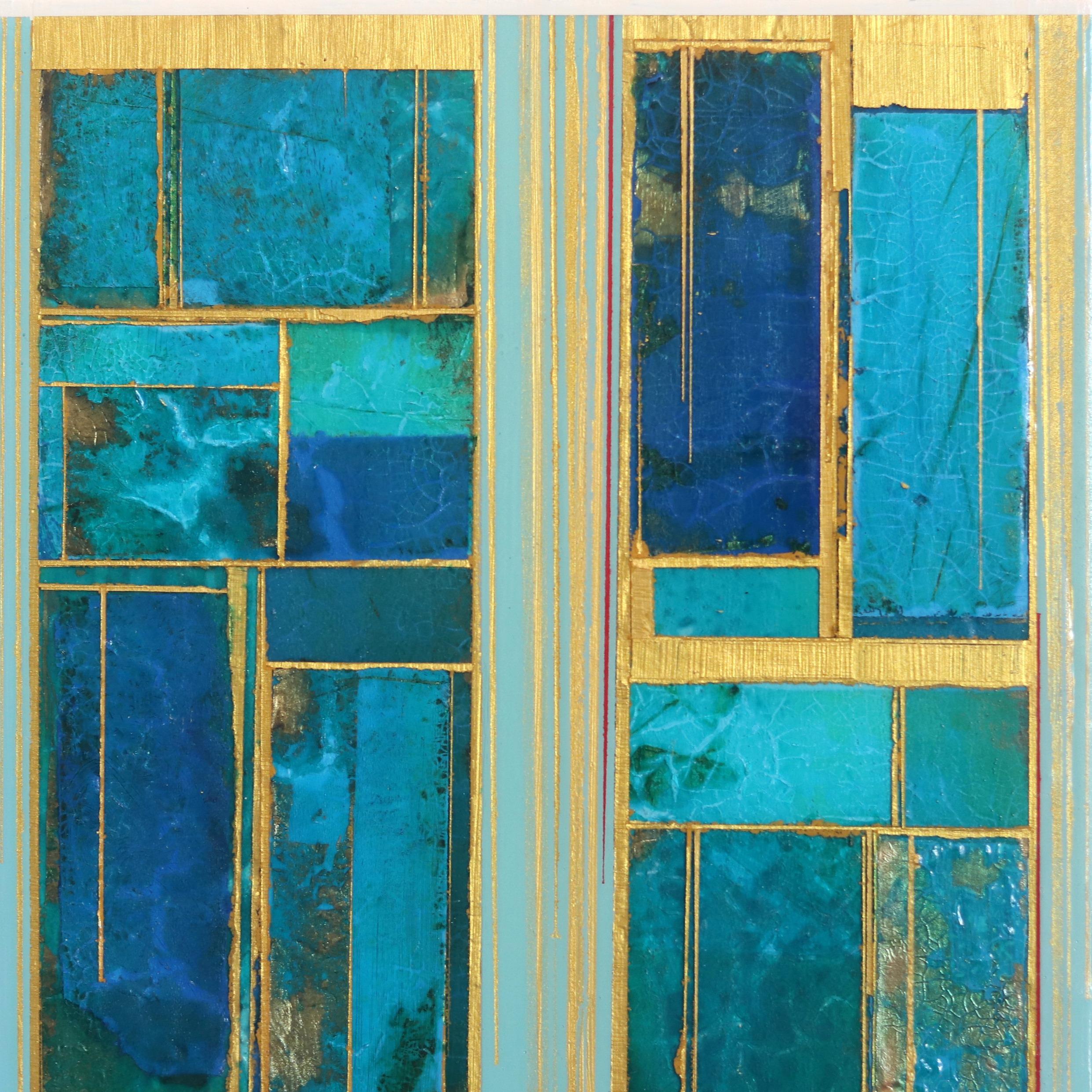 Alexander Eulerts Original-Mixed-Media-Gemälde auf Holzplatten sind abstrakte Projektionen von Welten, in denen divergierende Kräfte zu harmonischen geometrischen Interaktionen verschmelzen. Er schöpft seine Inspiration aus einer lebenslangen