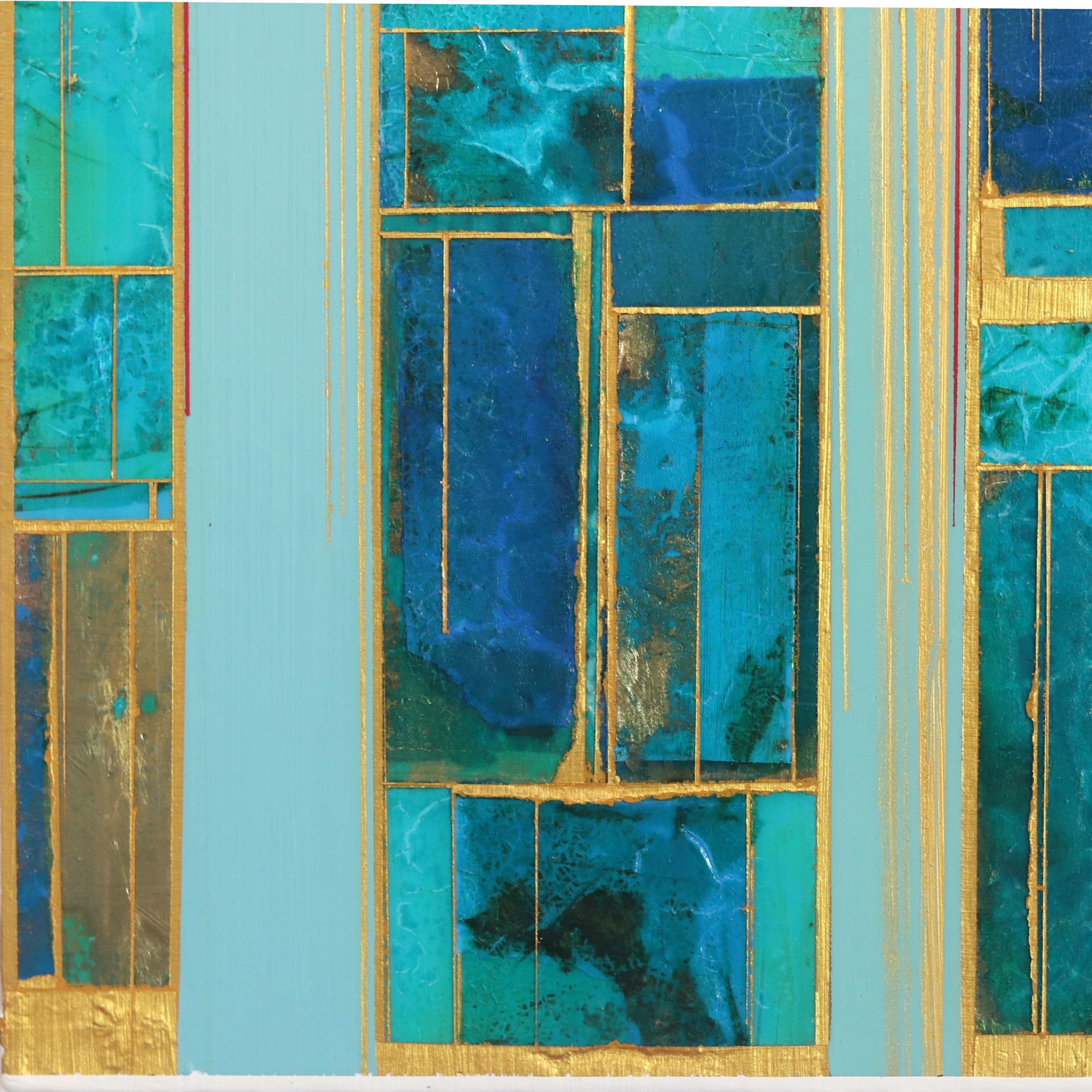 Fields No. 21 - Turquoise Blue Gold Organic Abstract Geometric Original Artwork For Sale 4