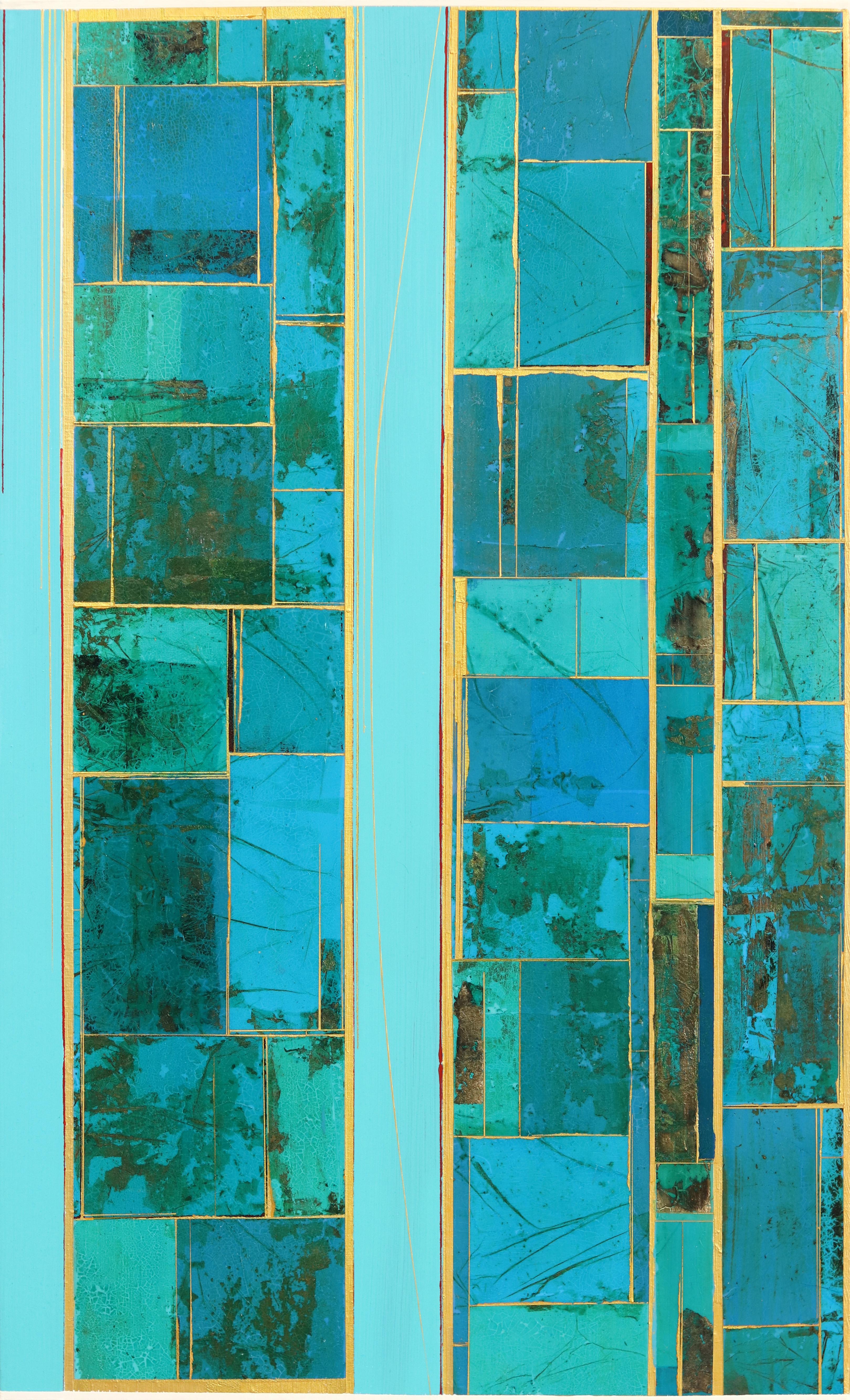 Elements No. 16 - Pittura astratta geometrica originale Greene & Greene Blu Oro