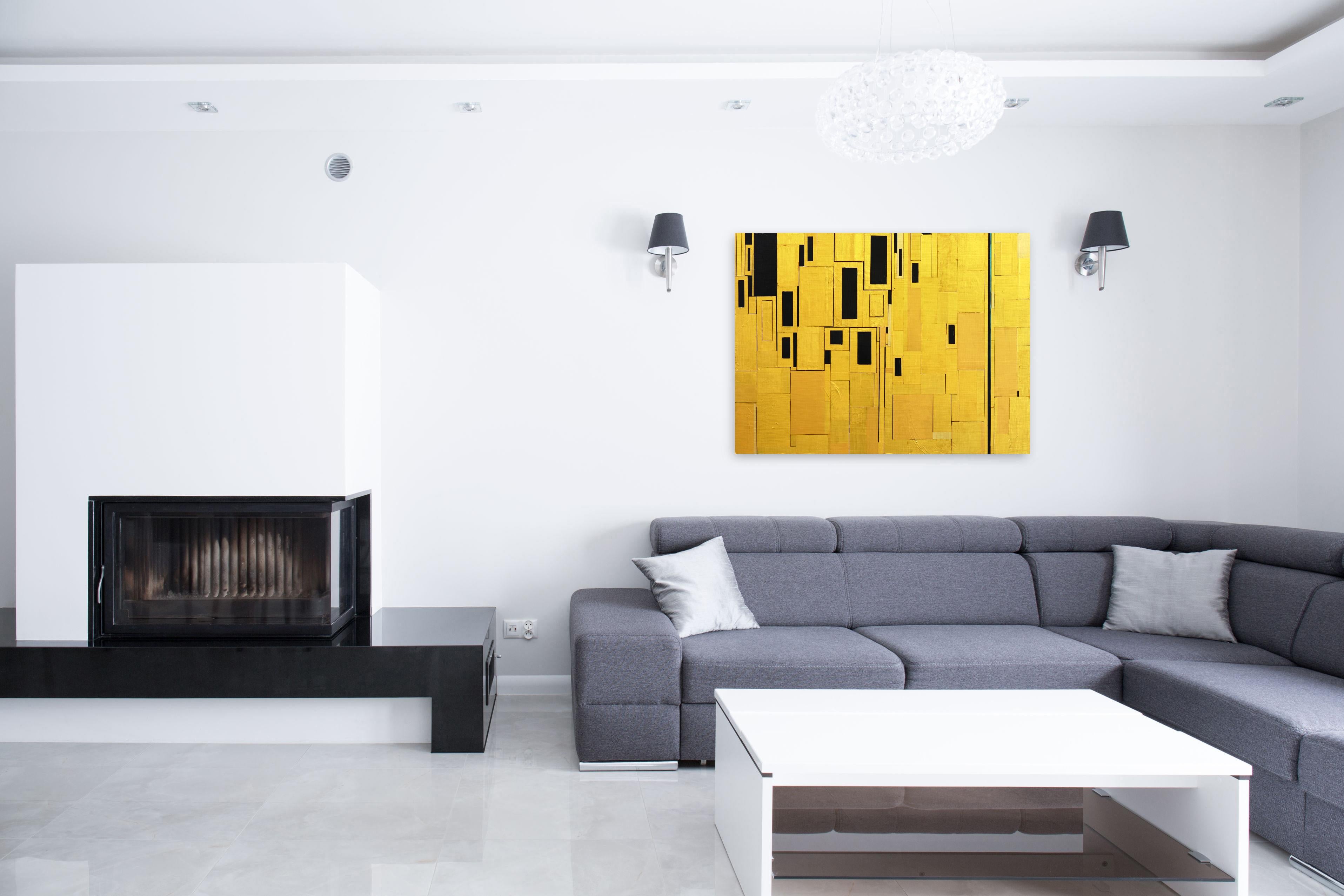 Glimpses No. 1 - Original Schwarze schwarze Originalfarbe und blattgoldenes geometrisches abstraktes Gemälde – Painting von Alexander Eulert