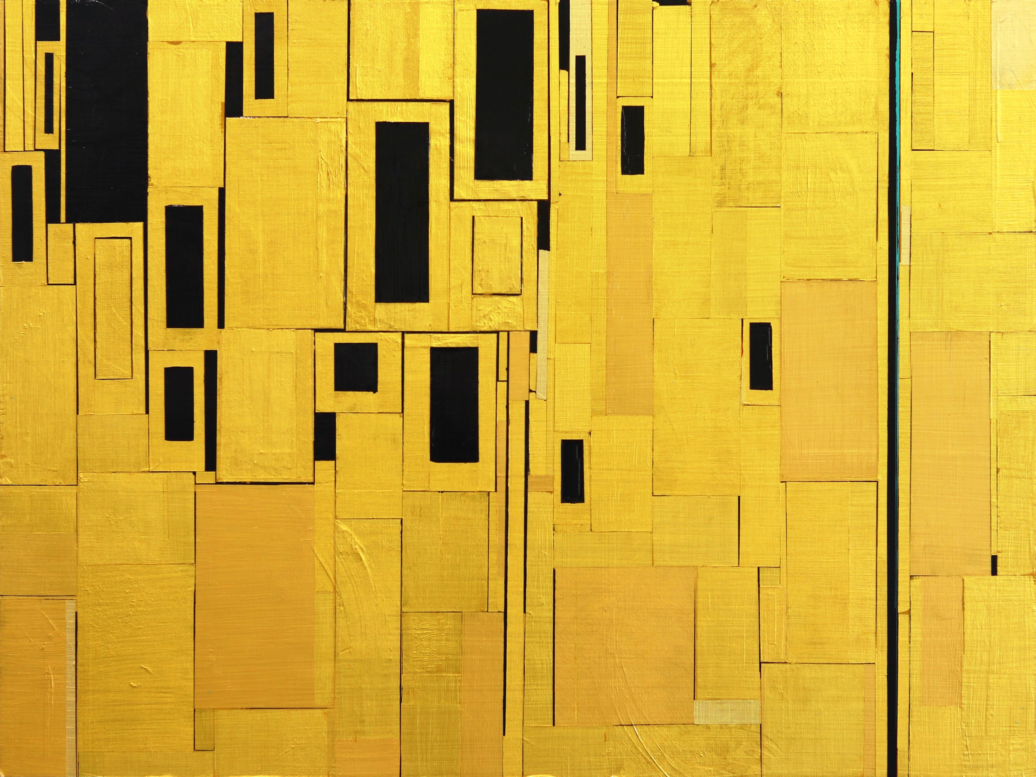 Glimpses No. 1 - Pittura astratta geometrica originale con vernice nera e foglia d'oro
