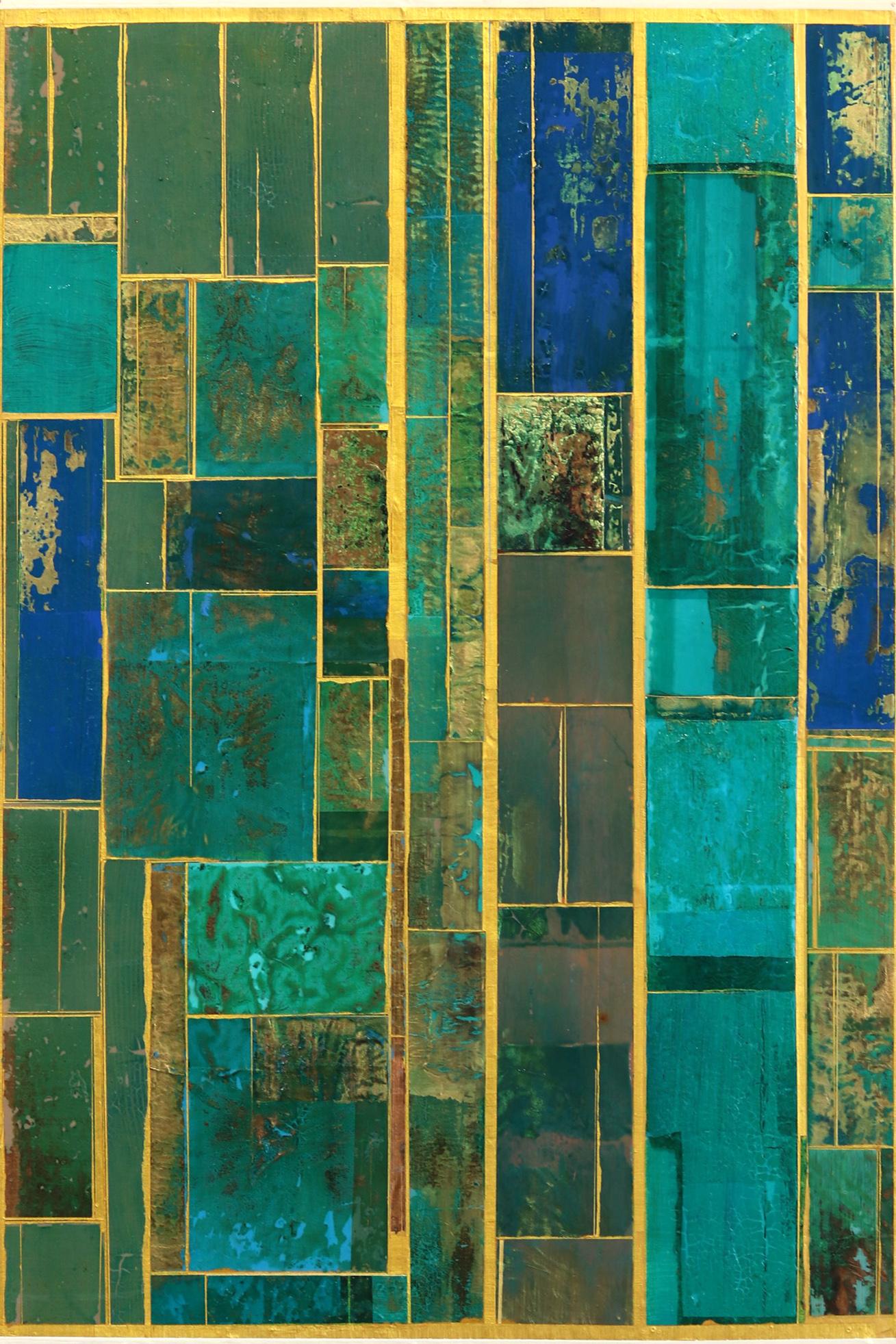 Glimpses n° 14 - Peinture abstraite géométrique verte et or