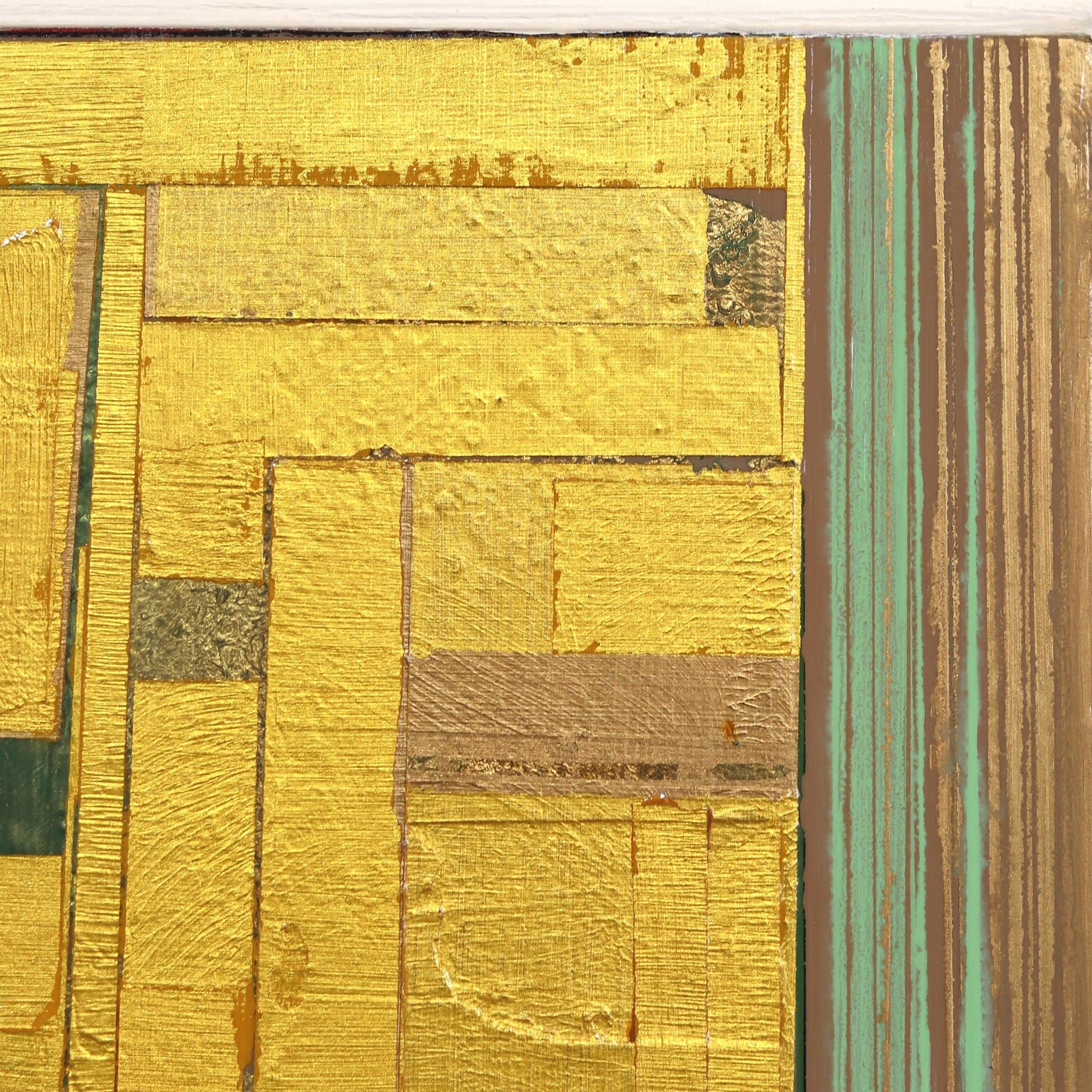 Ruscelli n. 9 - Pittura organica astratta geometrica originale Oro Verde Rosso in vendita 2
