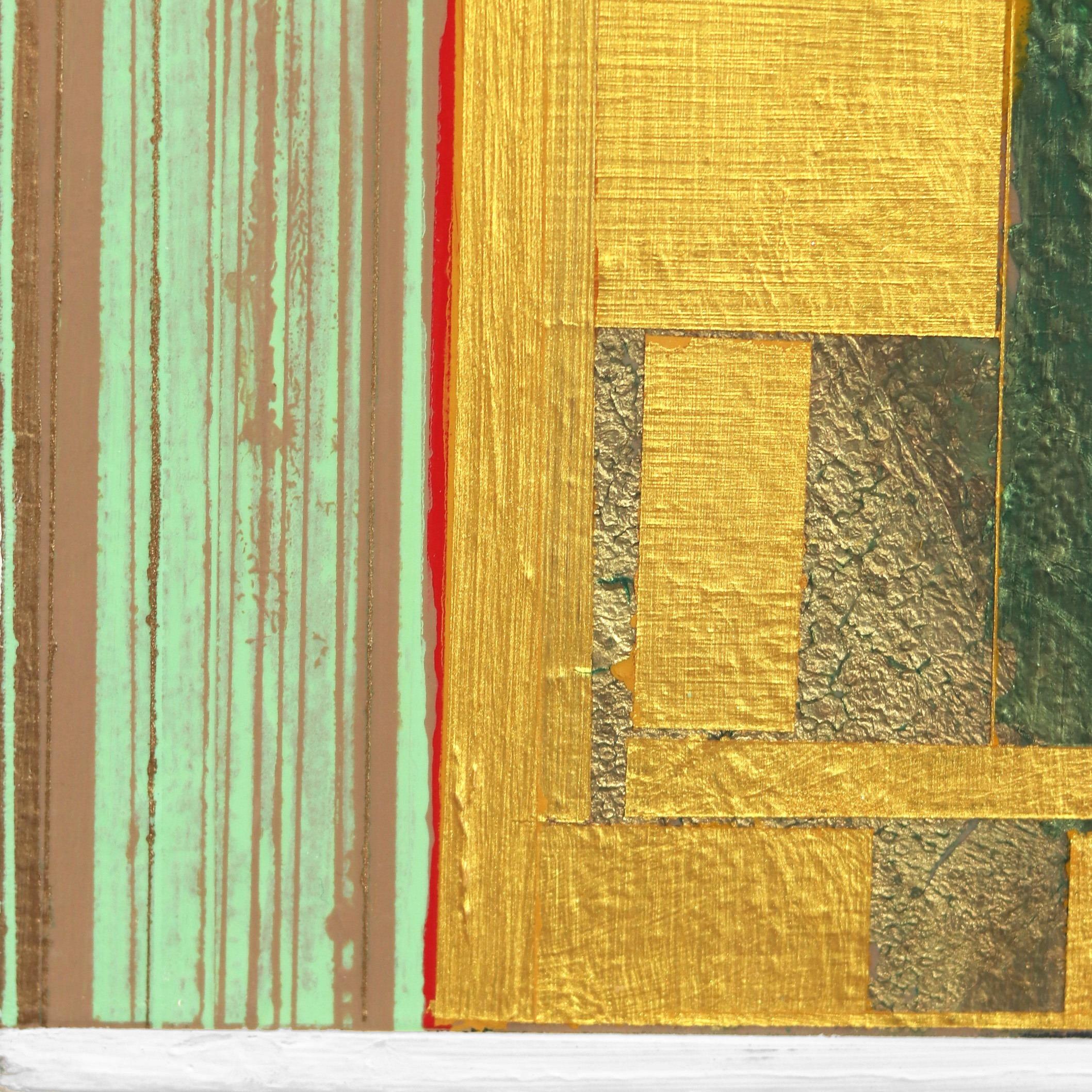 Ruscelli n. 9 - Pittura organica astratta geometrica originale Oro Verde Rosso in vendita 4