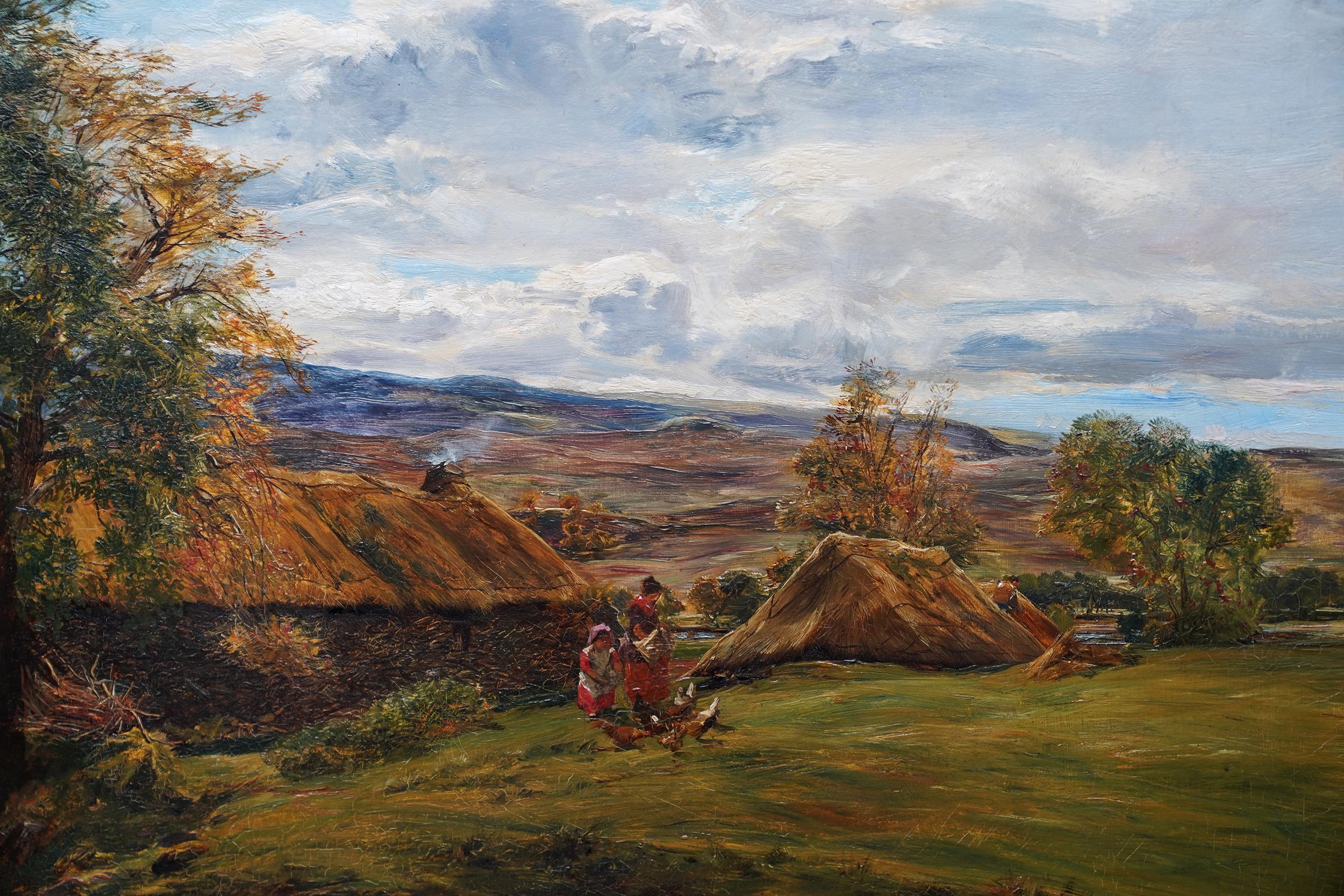 Feeding Chickens by a Farm in Summer – schottisches viktorianisches Landschaftsgemälde (Realismus), Painting, von Alexander Fraser 