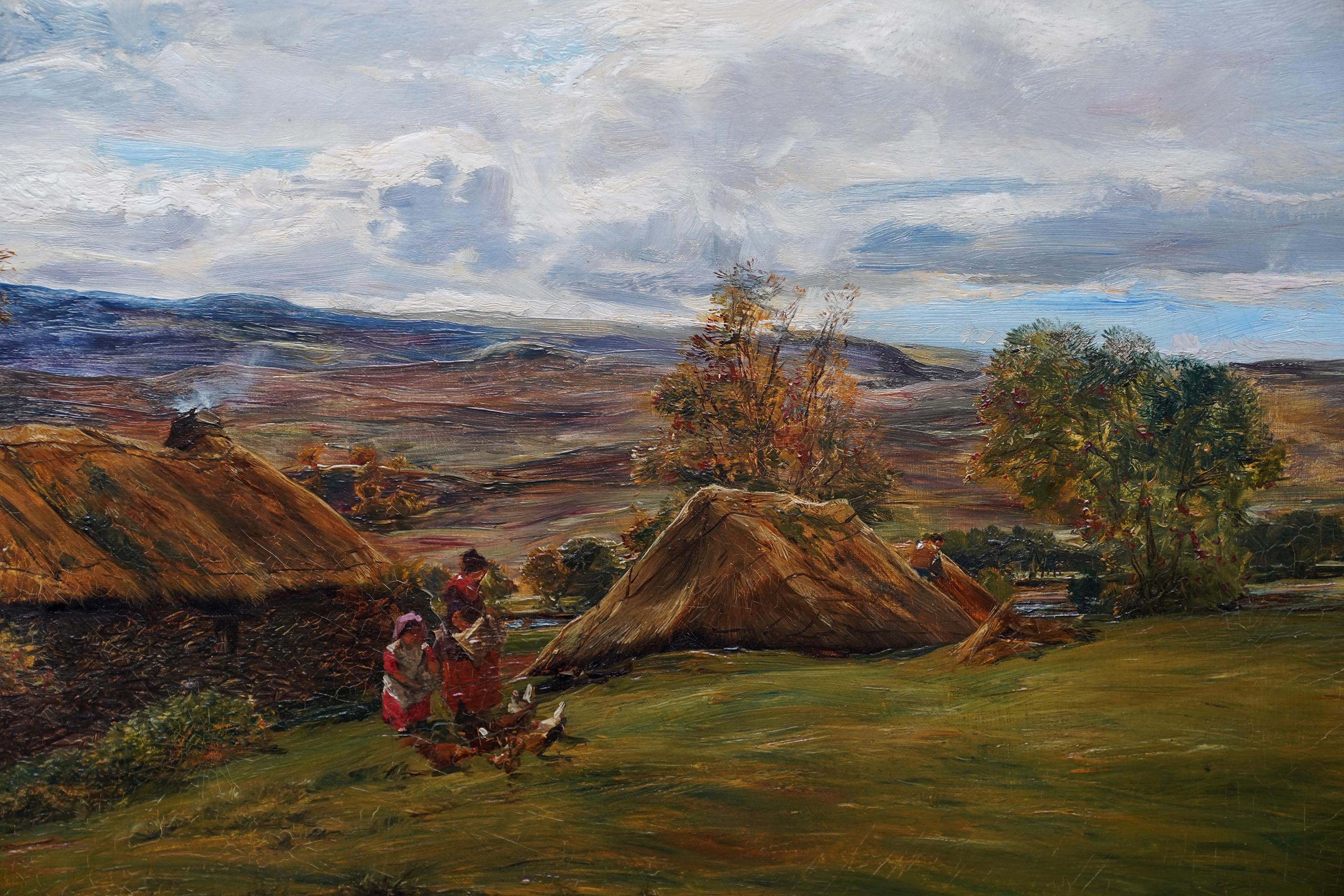 Dieses schöne viktorianische Landschafts-Ölgemälde stammt von dem bekannten schottischen Künstler und vielseitigen Aussteller Alexander Fraser. Es wurde um 1870 gemalt und zeigt eine bäuerliche Landschaft mit einer Mutter und einem Kind, die im