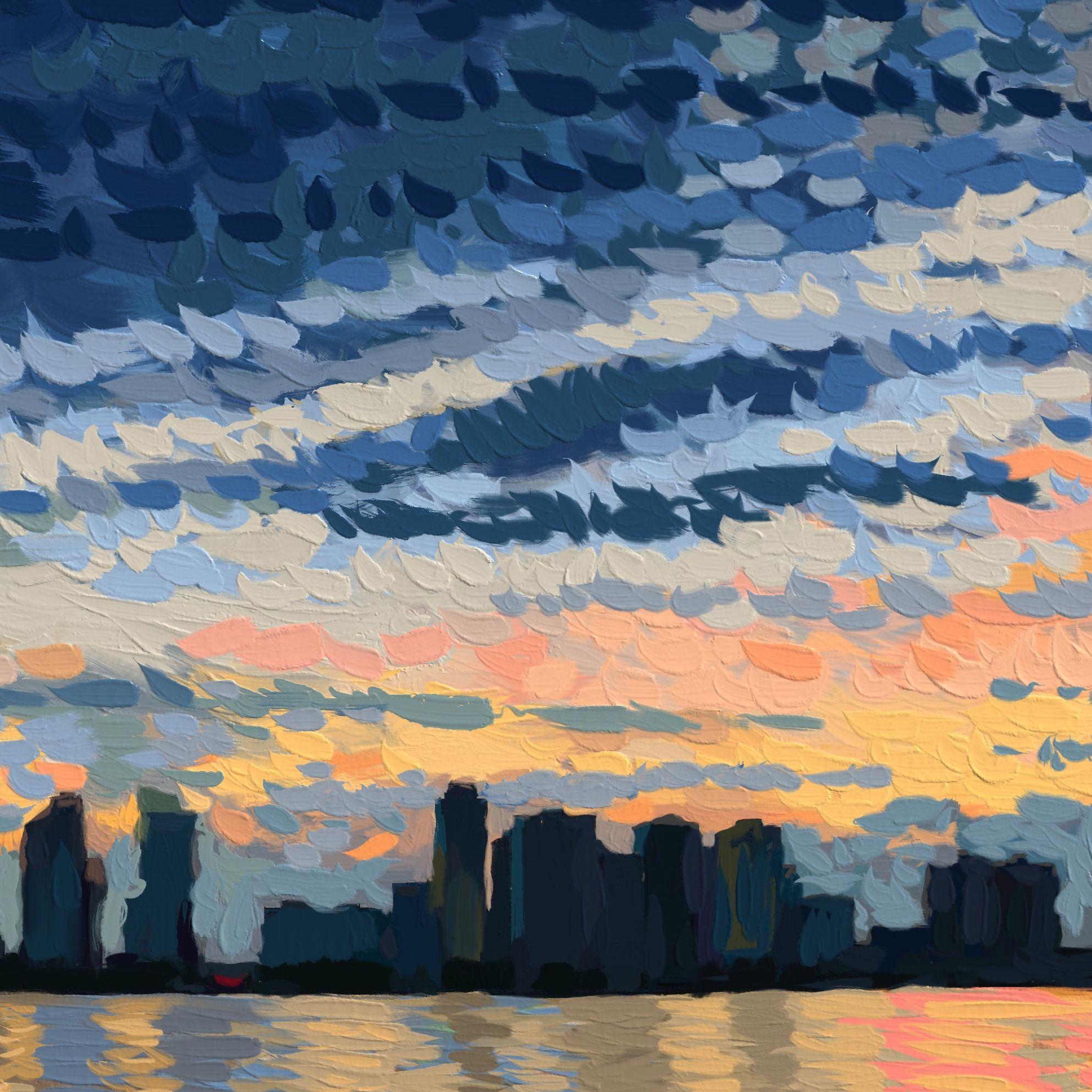 New York, landscape, clouds, pointillism, ocean, city, dynamics :: Digital :: Pointillism :: This piece comes with an official certificate of authenticity signed by the artist :: Ready to Hang: Yes :: Signed: Yes :: Signature Location: on the left