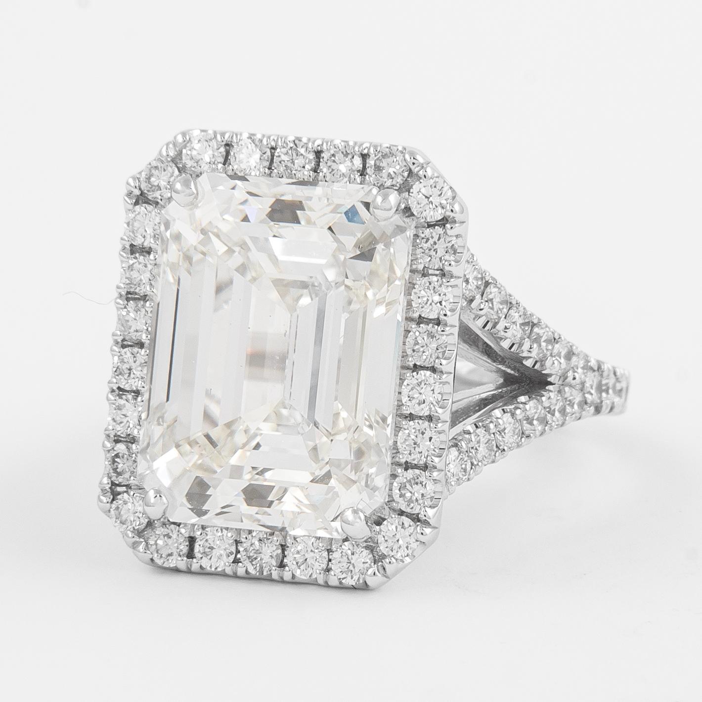 Contemporary Alexander GIA 10.01ct Emerald Cut Diamond with Halo Ring 18 Karat White Gold For Sale