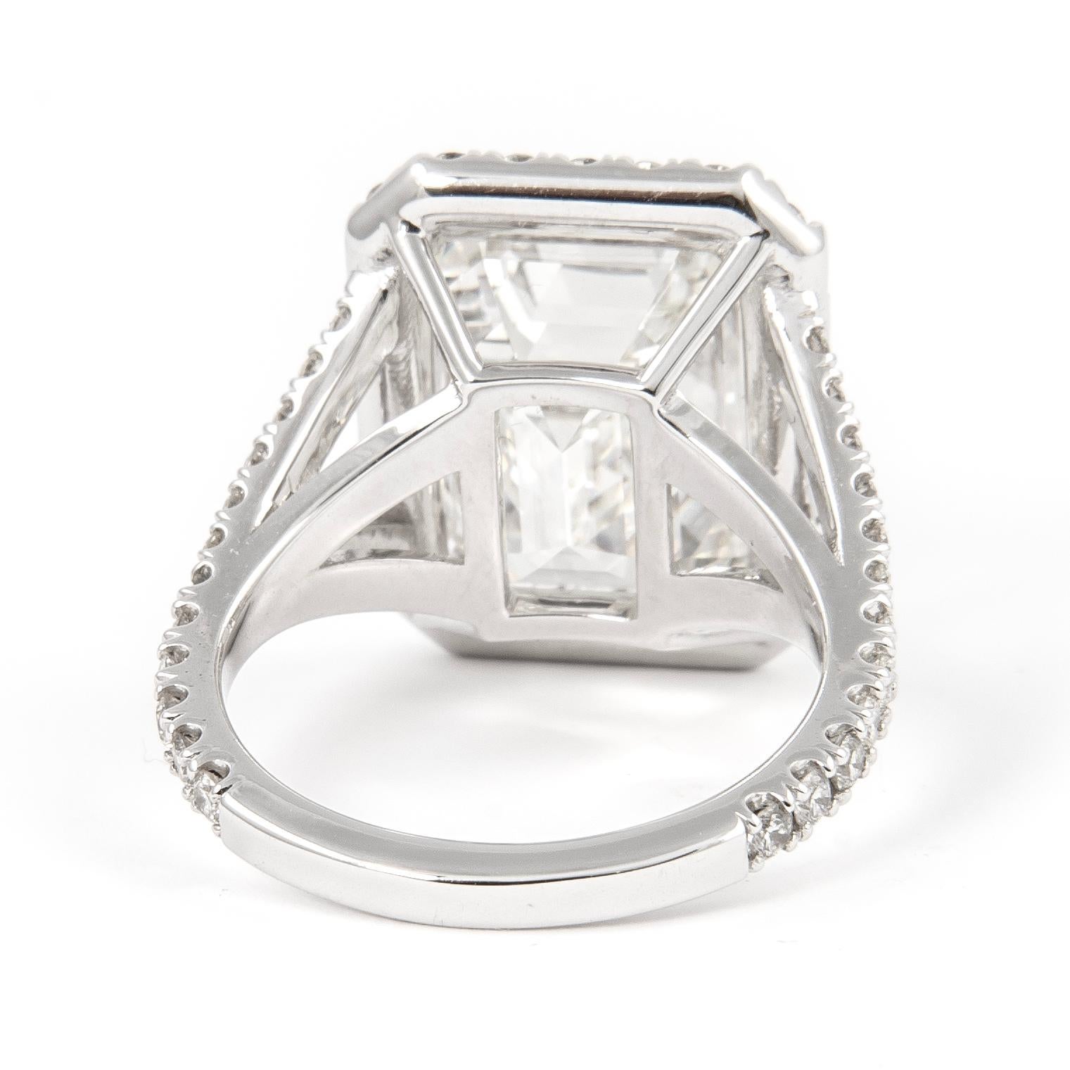 Women's Alexander GIA 10.01ct Emerald Cut Diamond with Halo Ring 18 Karat White Gold For Sale