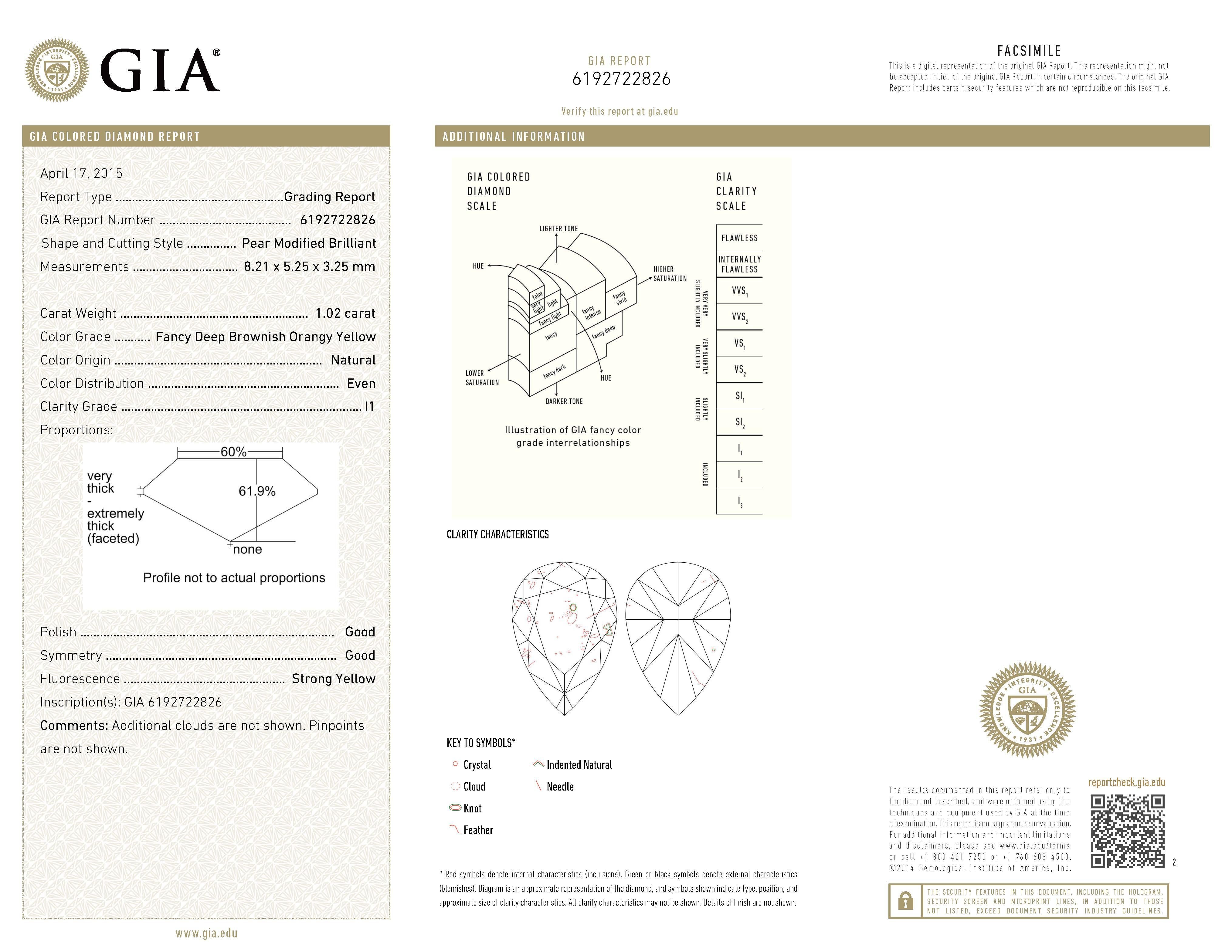 Stunning fancy deep brownish orangey yellow diamond with diamond halo, GIA certified. By Alexander Beverly Hills. 
1.39 carats total diamond weight.
1.02 carat pear shape diamond, Fancy Deep Brownish Orangey Yellow color, I1 clarity, GIA certified.