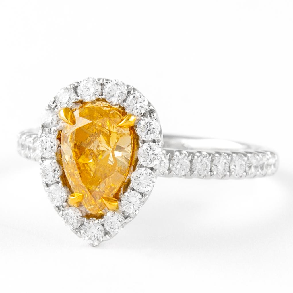 Contemporary Alexander GIA 1.03ct Fancy Intense Orange-Yellow Pear Diamond with Halo Ring 18k For Sale