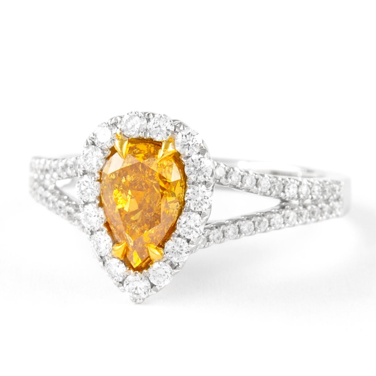 Contemporary Alexander GIA 1.05ct Fancy Deep Orange-Yellow Pear Diamond with Halo Ring 18k For Sale