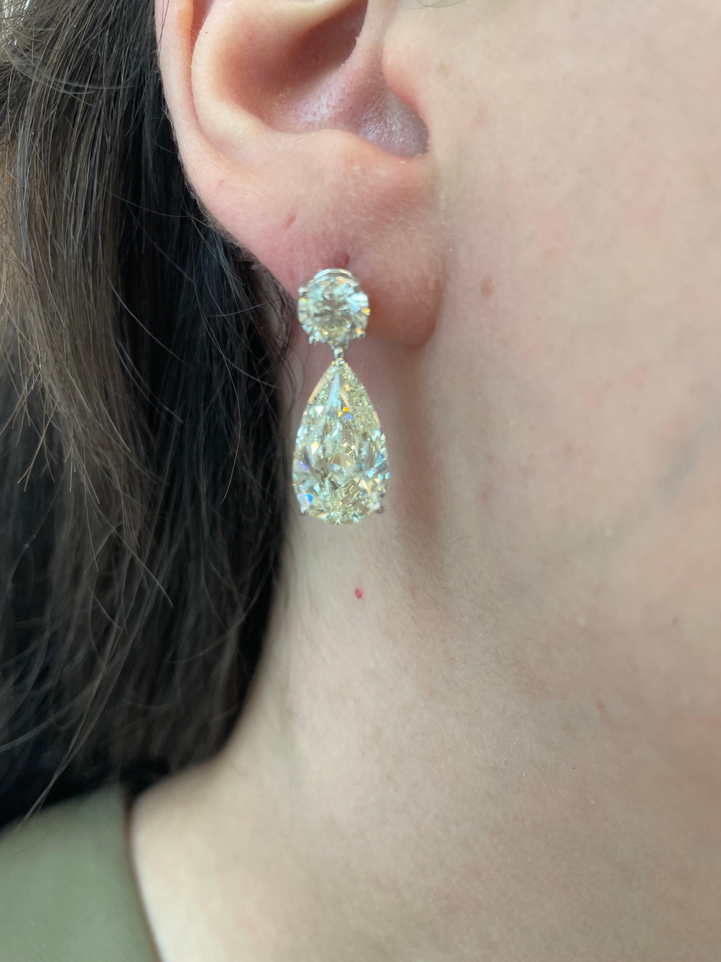 Classic diamond stud drop earrings, each stone GIA certified. The bottom pear shape diamonds are detachable, high jewelry by Alexander Beverly Hills.
12.49 carats total diamond weight.
Two matching pear shape diamonds, 10.23 carats total. Both M