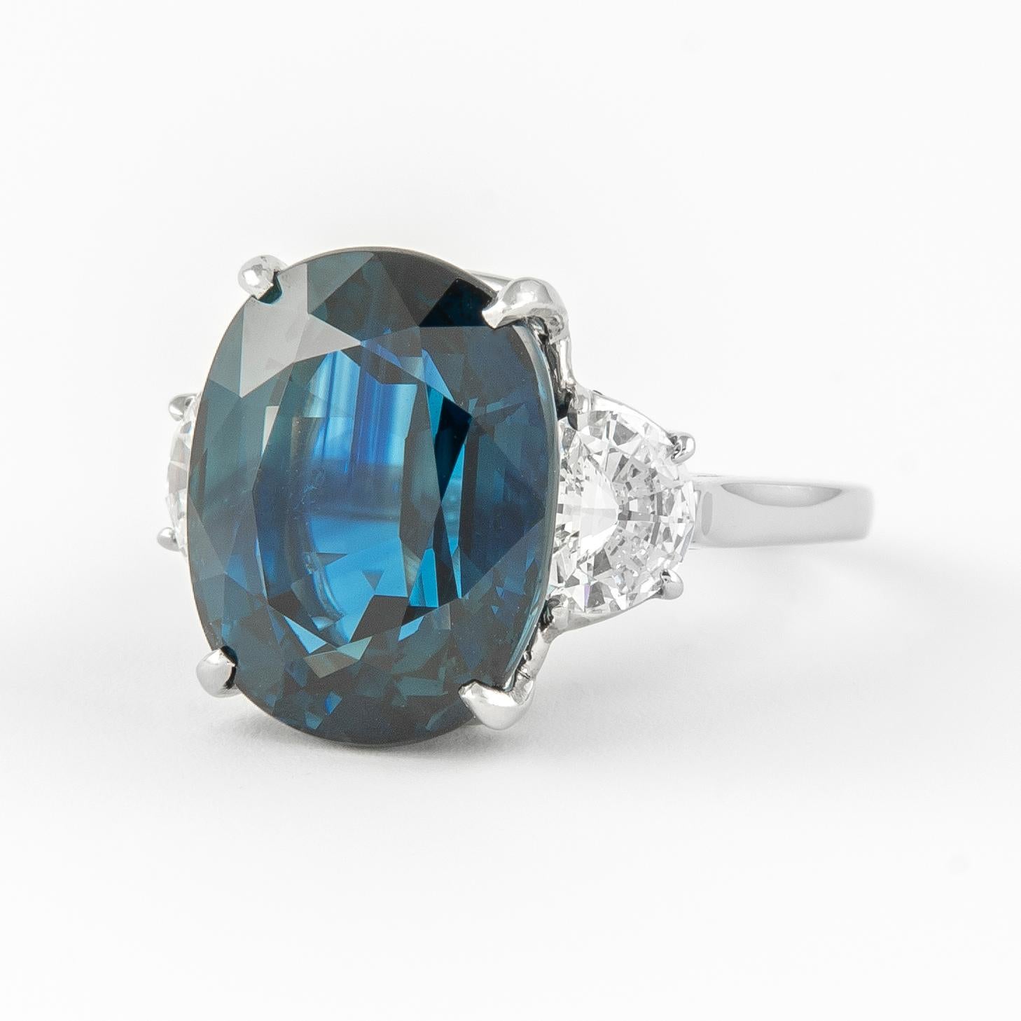 Contemporary Alexander GIA 13.14ct Sapphire with Diamonds Three-Stone Ring Platinum For Sale