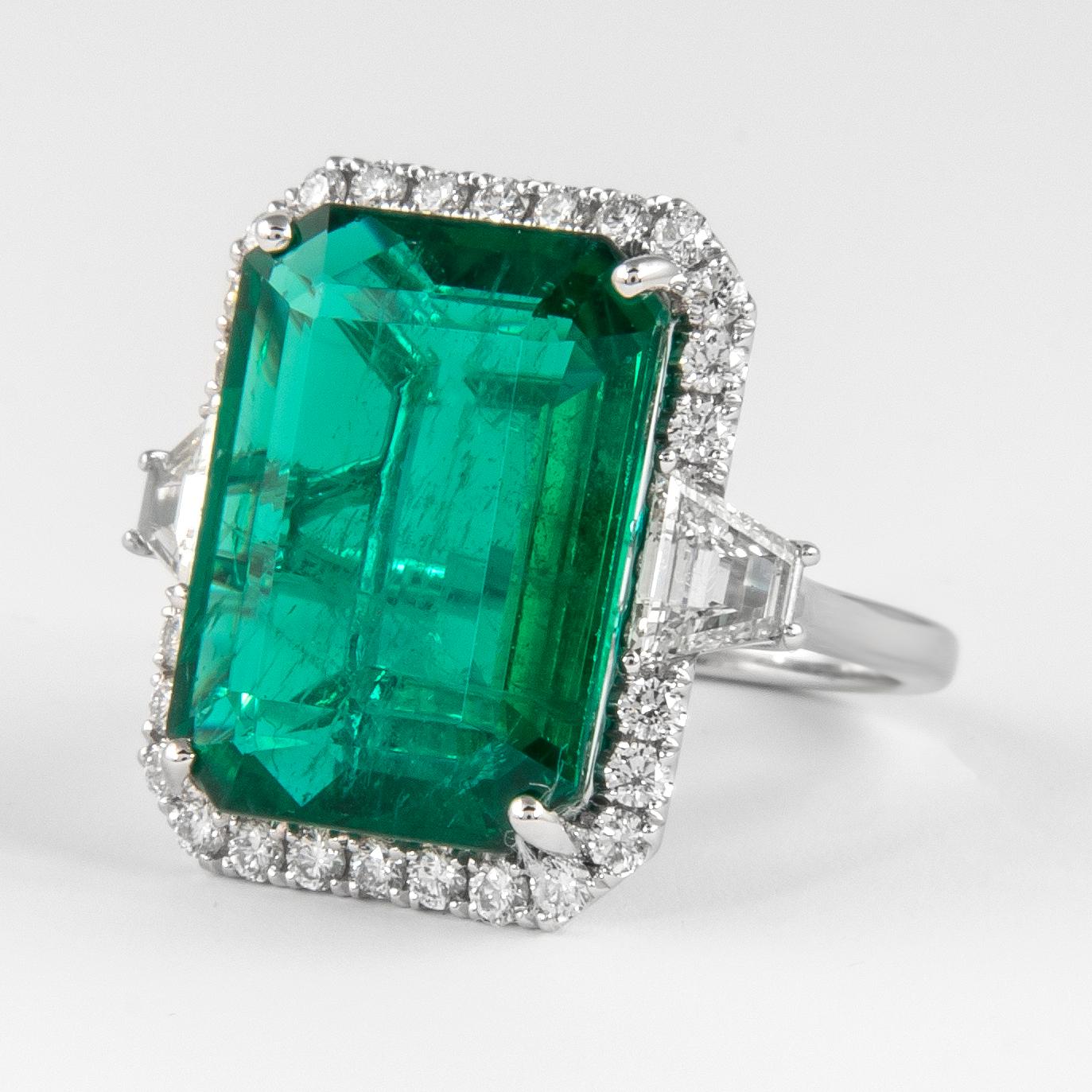 Contemporary Alexander GIA 13.18ct Emerald with Diamond Three Stone Halo Ring 18 Karat Gold For Sale