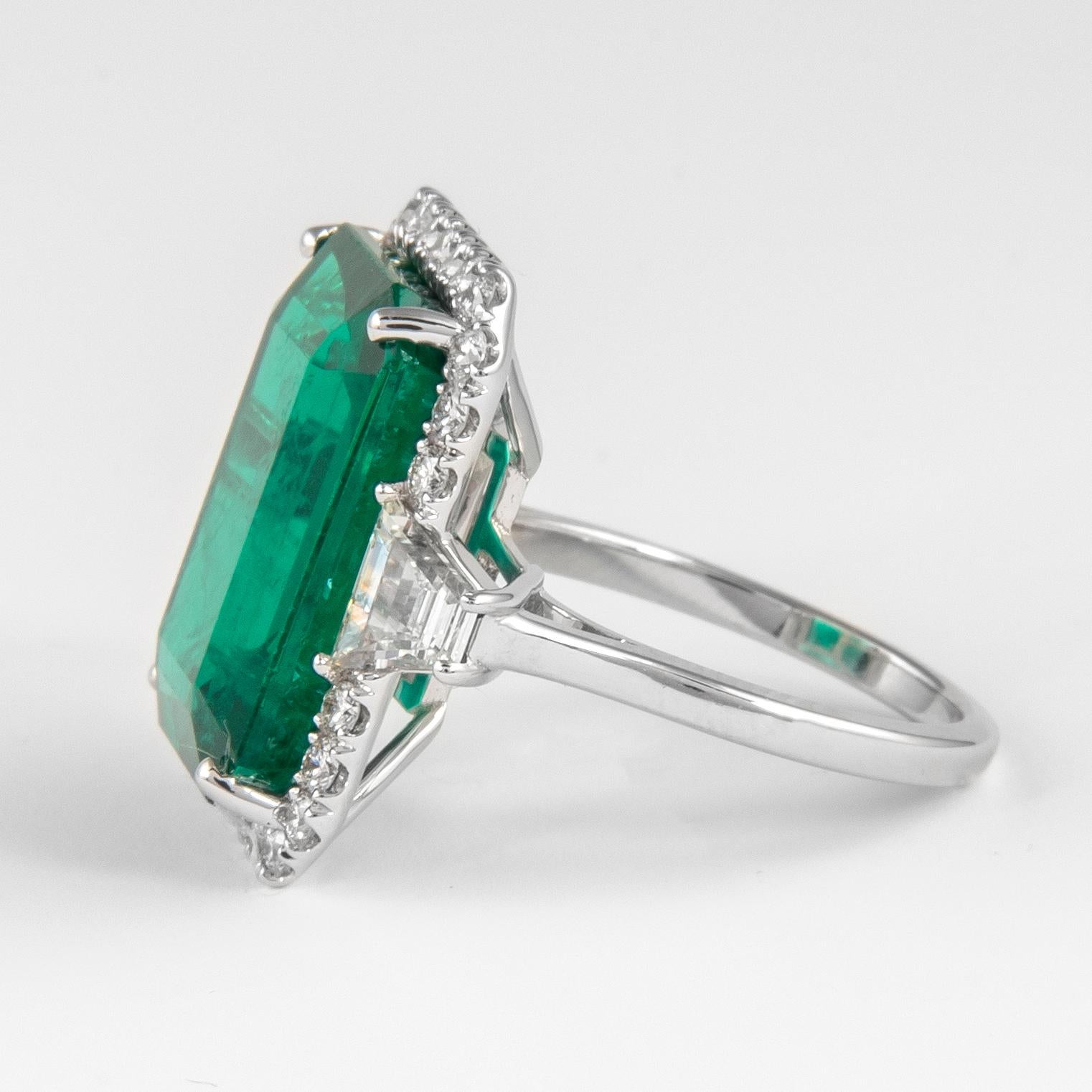 Emerald Cut Alexander GIA 13.18ct Emerald with Diamond Three Stone Halo Ring 18 Karat Gold For Sale