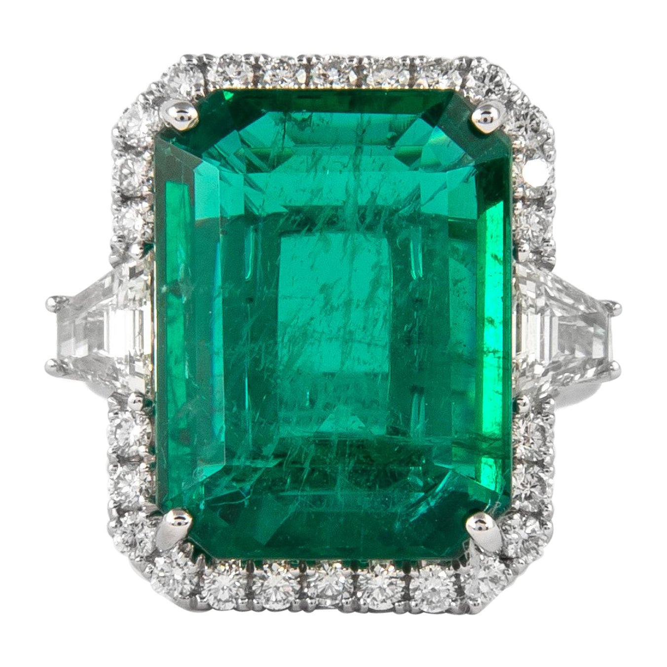 Alexander GIA 13,18ct Smeraldo con diamante Anello con tre pietre a raggiera in oro 18 carati