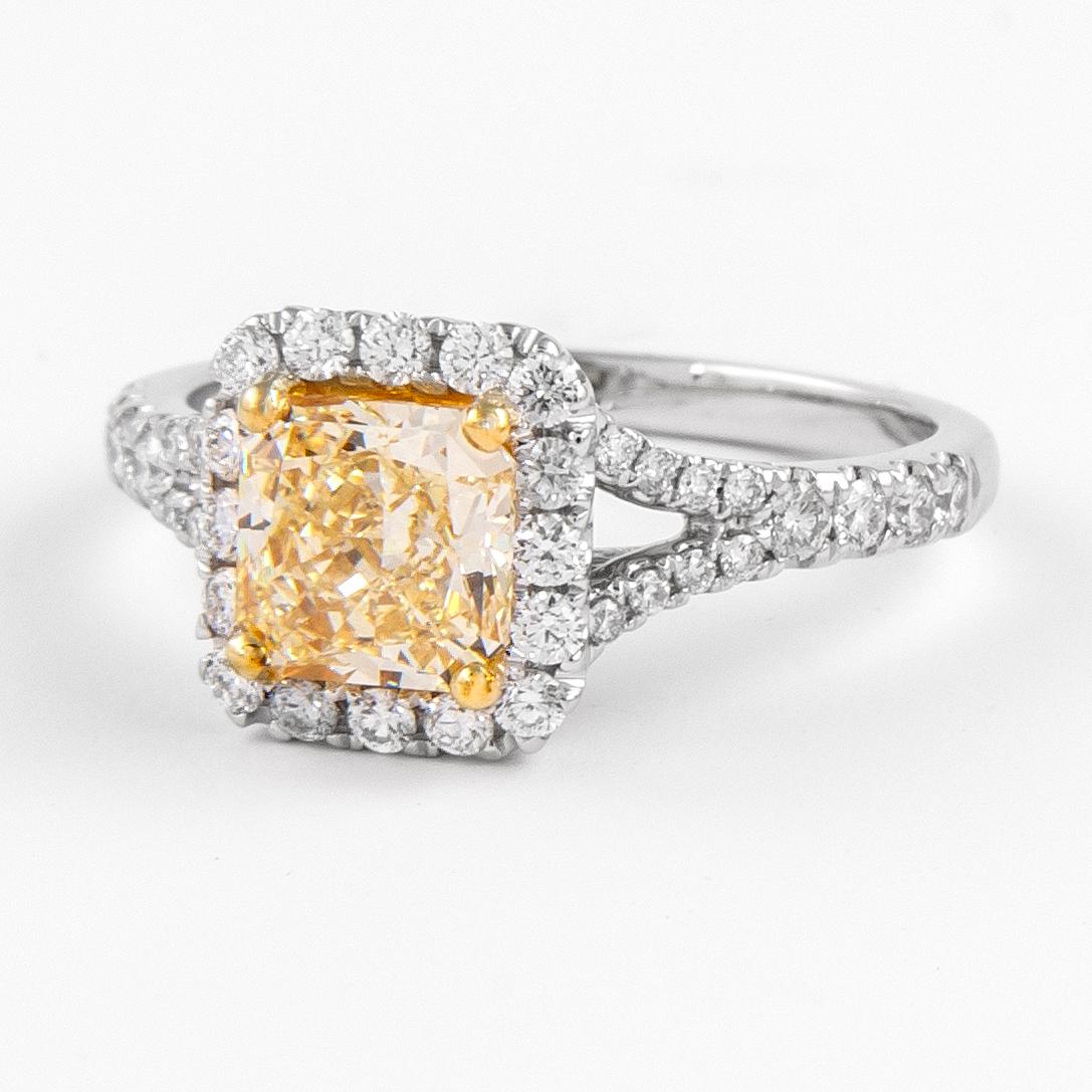 Atemberaubender moderner GIA-zertifizierter Halo-Ring mit hellgelben Diamanten, zweifarbiges 18-karätiges Gelb- und Weißgold. Hochwertige Schmuckstücke von Alexander Beverly Hills.
1,82 Karat Gesamtgewicht der Diamanten.
1,34 Karat strahlender