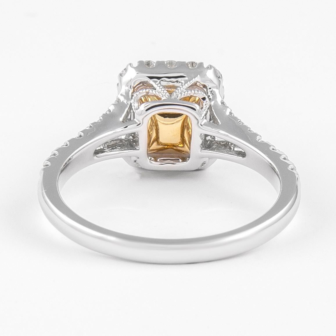 Alexander GIA 1,34 Karat Fancy Hellgelber VS2 Diamant mit Halo 18k Zweifarbiger Diamant (Radiantschliff)