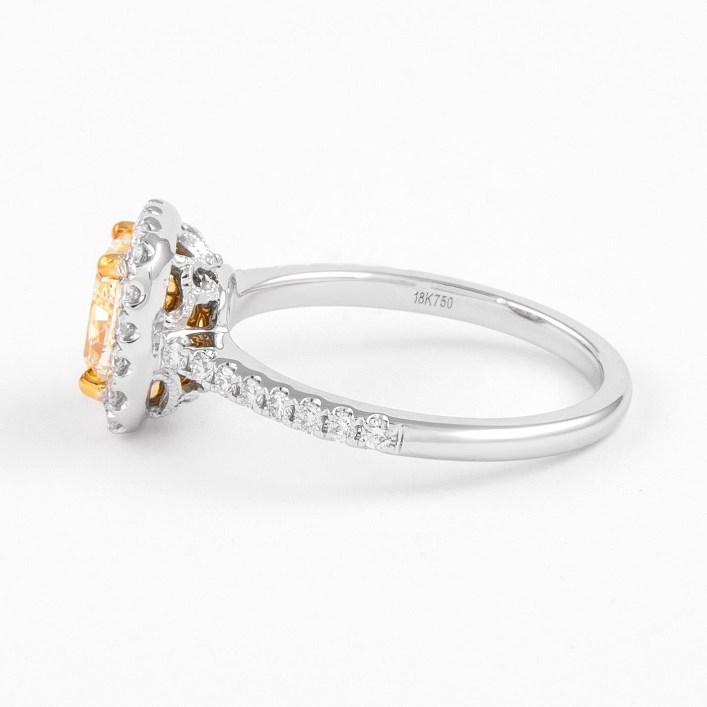 Alexander GIA 1,38 Karat Fancy Hellgelber Diamant mit Halo 18k Zweifarbiger Diamant (Kissenschliff)