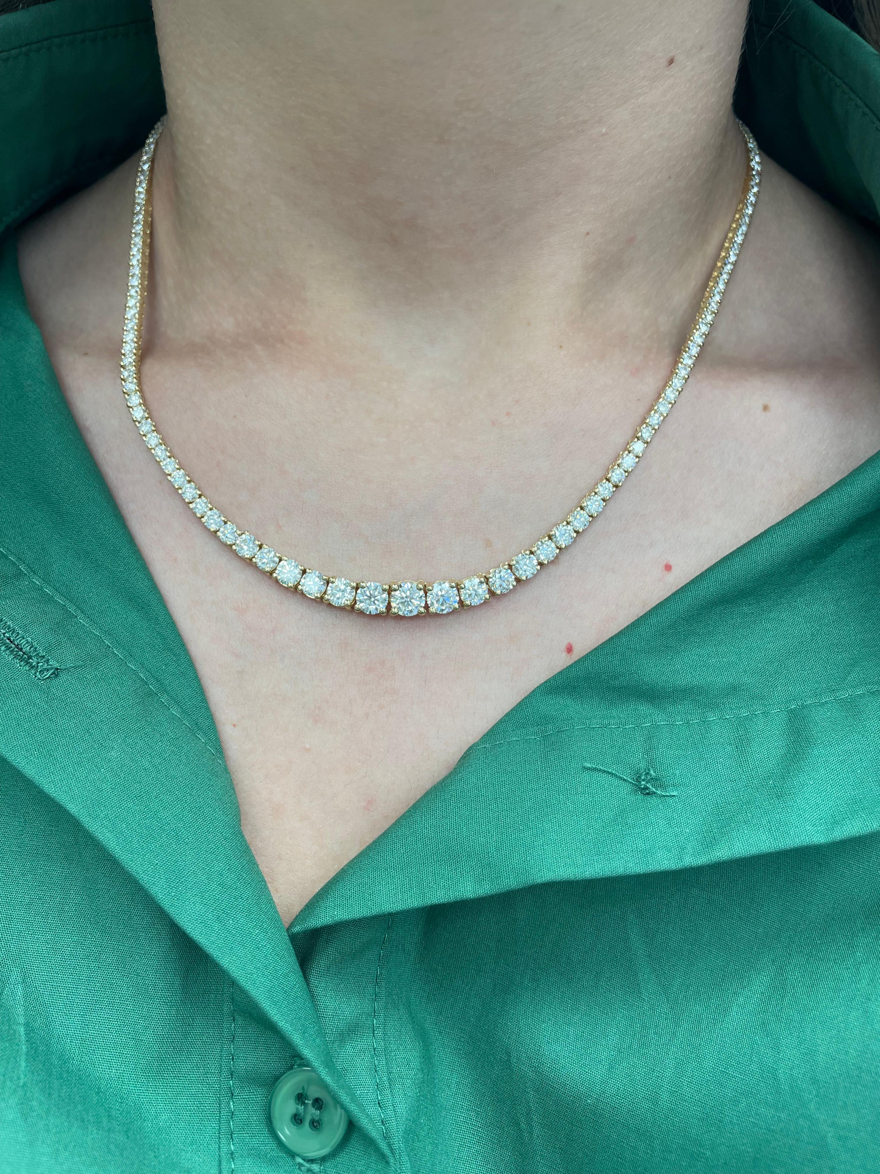 Contemporary Alexander GIA 14.87 Carat Diamond Tennis Riviera Necklace Yellow Gold For Sale