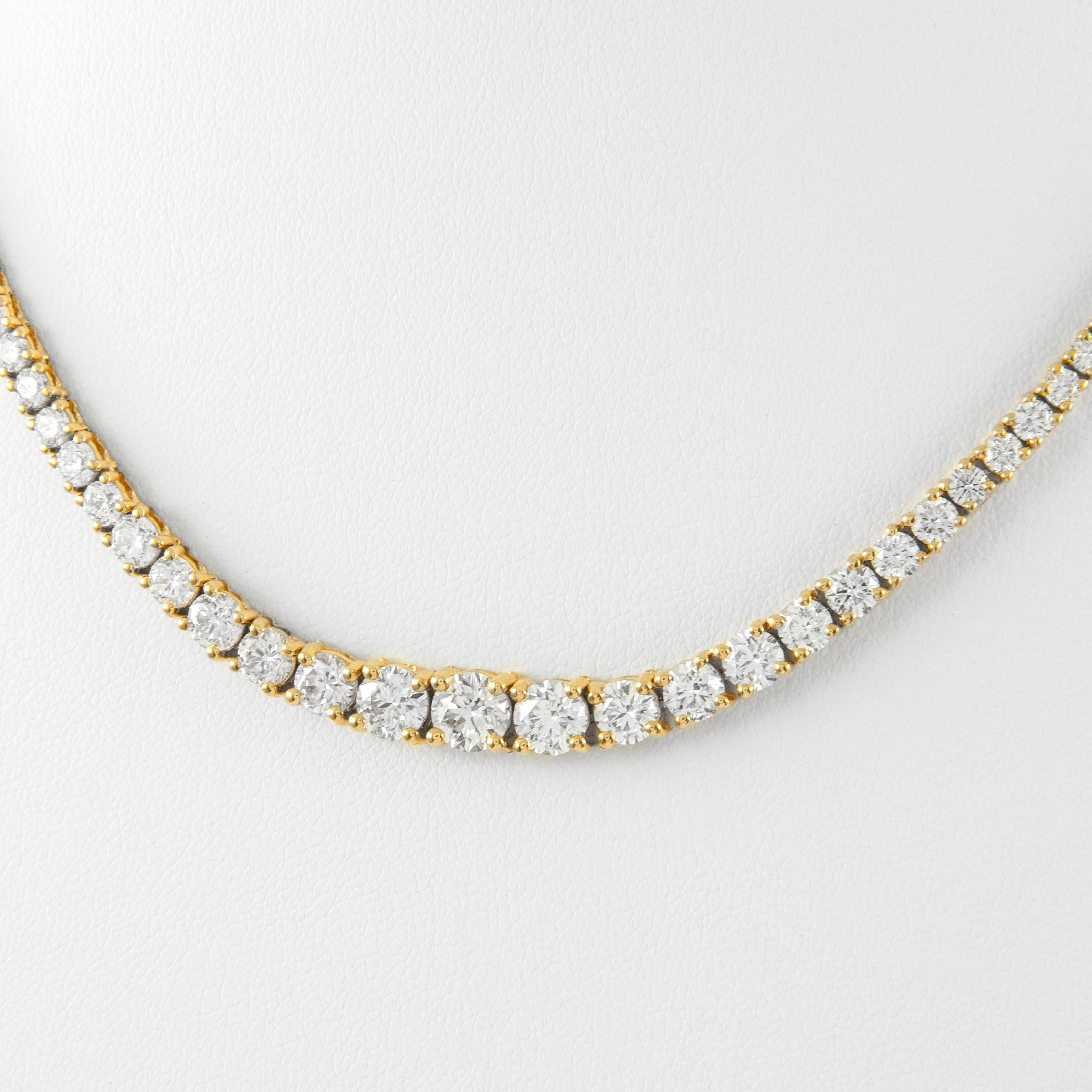 Taille ronde Alexander Collier tennis Riviera en or jaune avec diamants de 14,87 carats certifiés GIA en vente