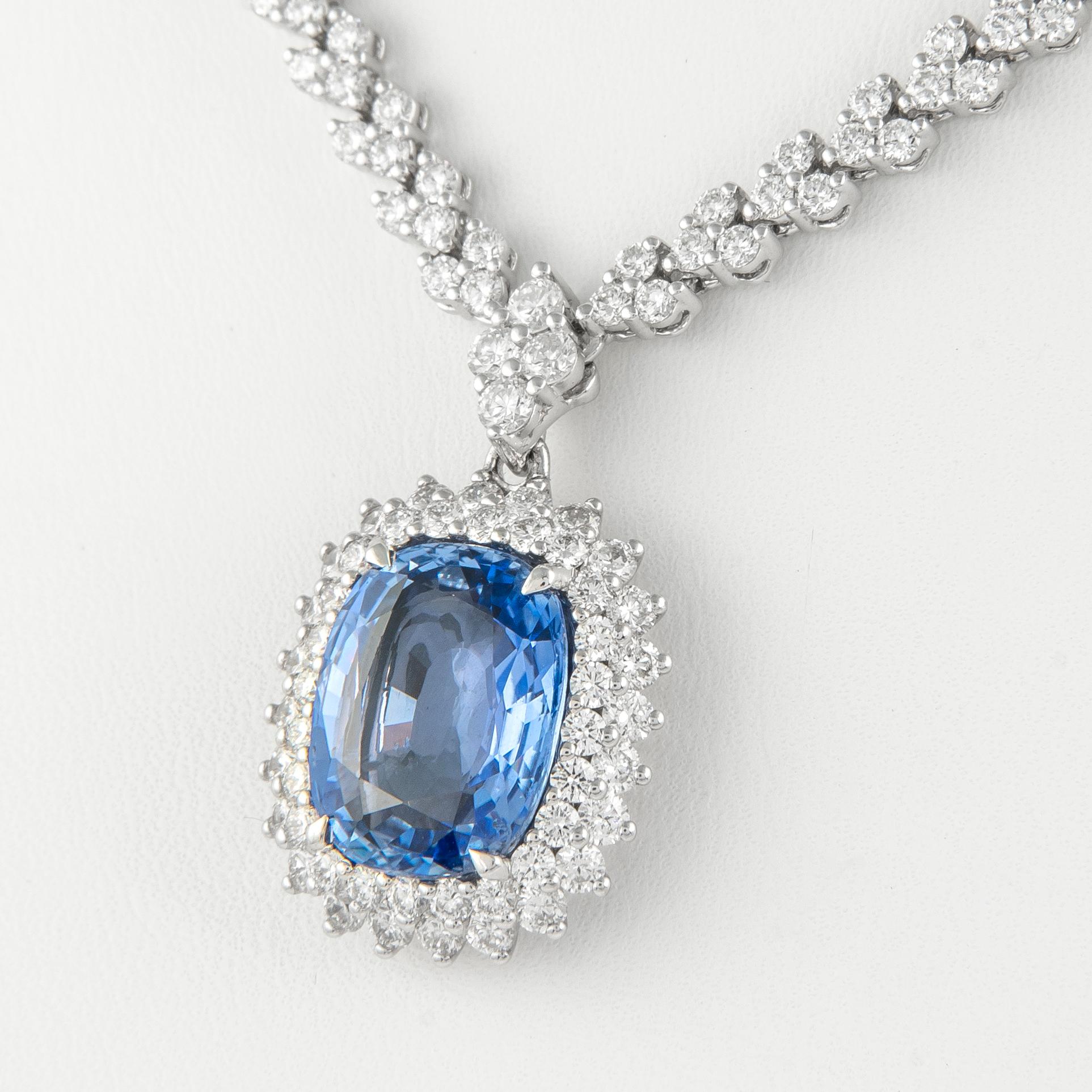 Cushion Cut Alexander GIA 15.46ctt Ceylon Sapphire No Heat with Diamonds Necklace 18k