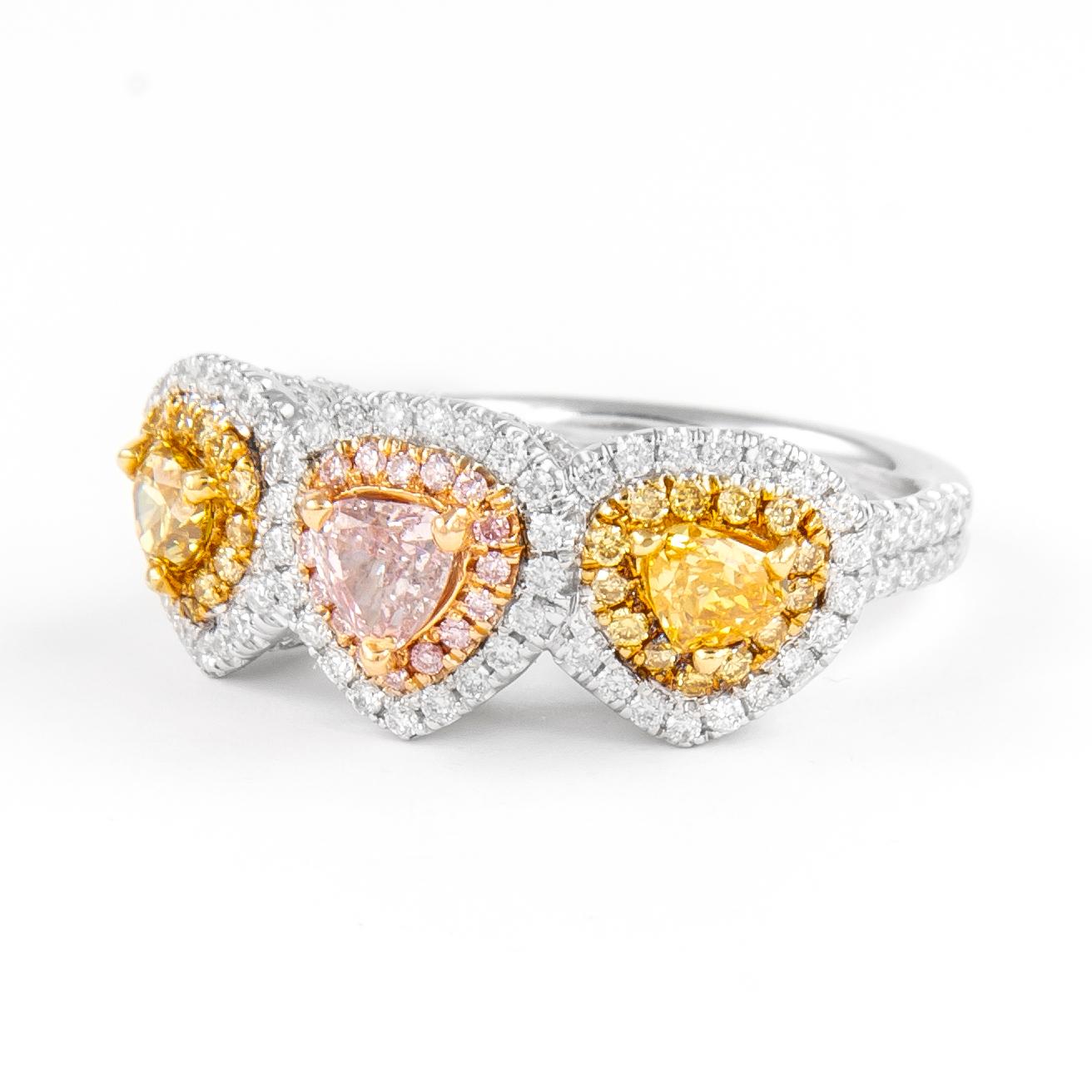 Heart Cut Alexander GIA 1.60ctt Fancy Purplish Pink & Yellow Diamond Three Stone Ring 18k