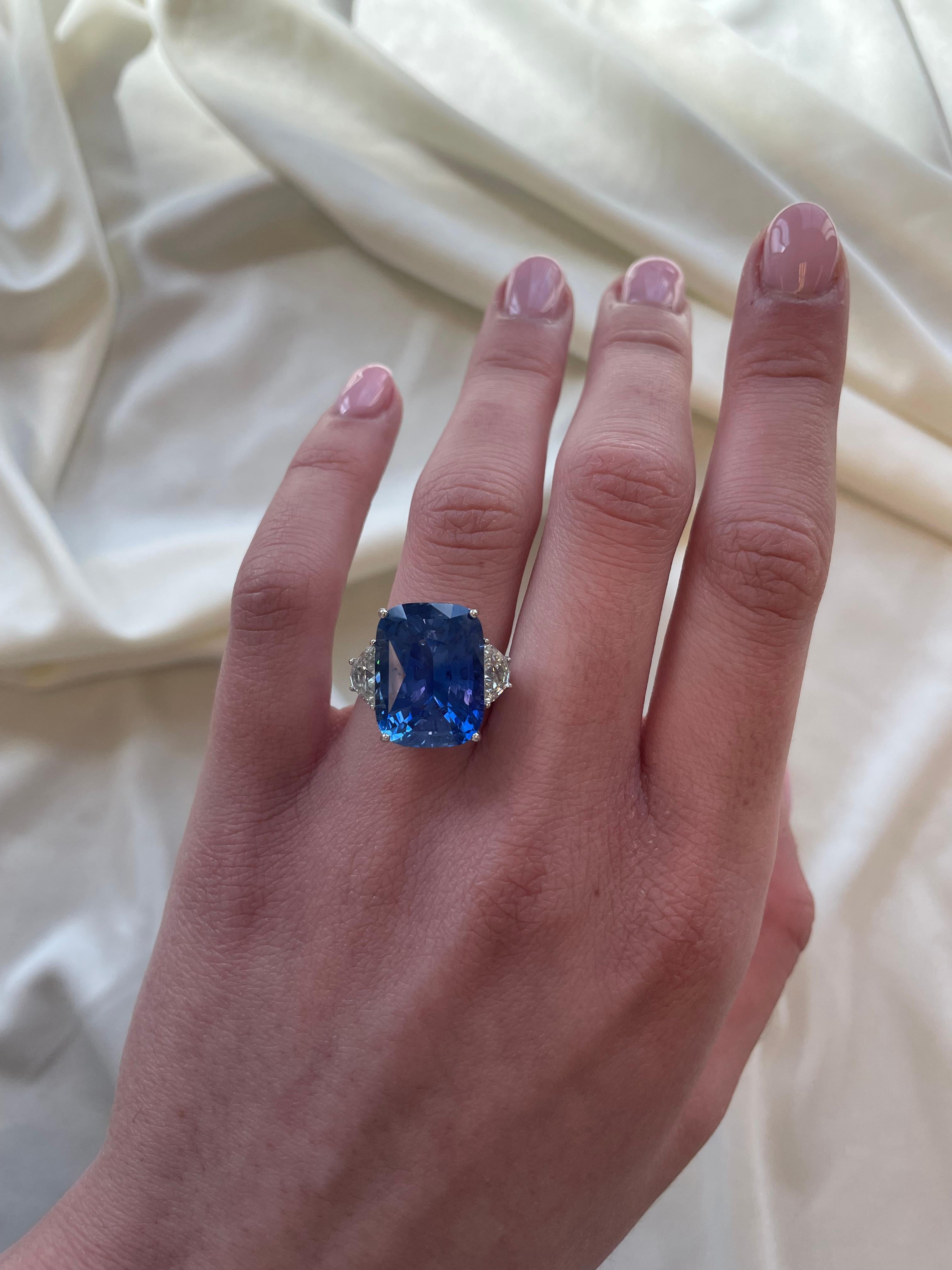 Exquisite GIA certified no-heat sapphire and diamond three stone ring. High jewelry by Alexander Beverly Hills. 
17.42 carats total gemstone weight.
16.20 carat cushion sapphire, no-heat, GIA certified. Complimented with 1.22ct of brilliant diamonds