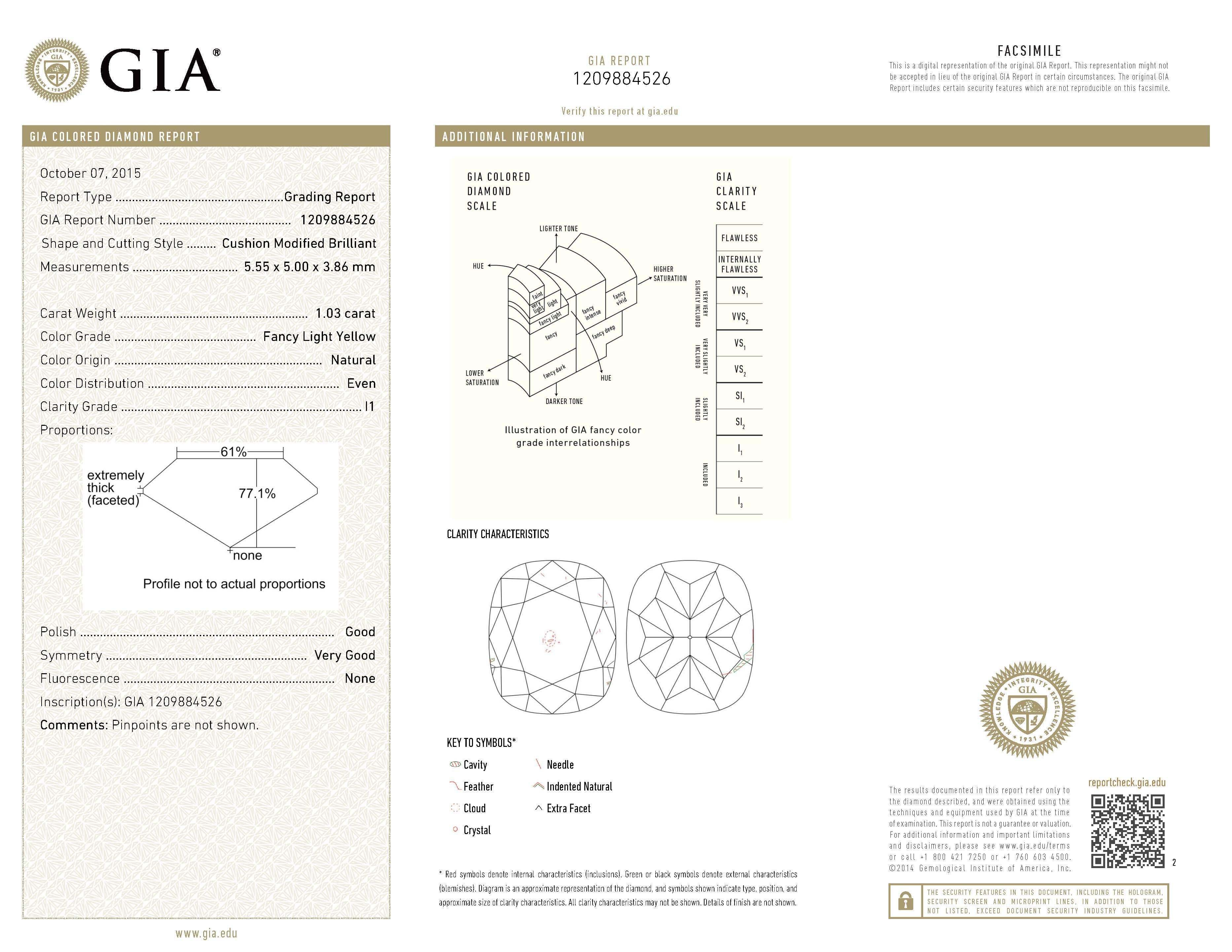 Stupendo anello moderno con diamante giallo certificato GIA e aureola, in oro giallo e bianco 18k bicolore, gambo diviso. Da Alexander Beverly Hills
1,83 carati di peso totale di diamanti.
Diamante da 1,03 carati con taglio a cuscino di colore