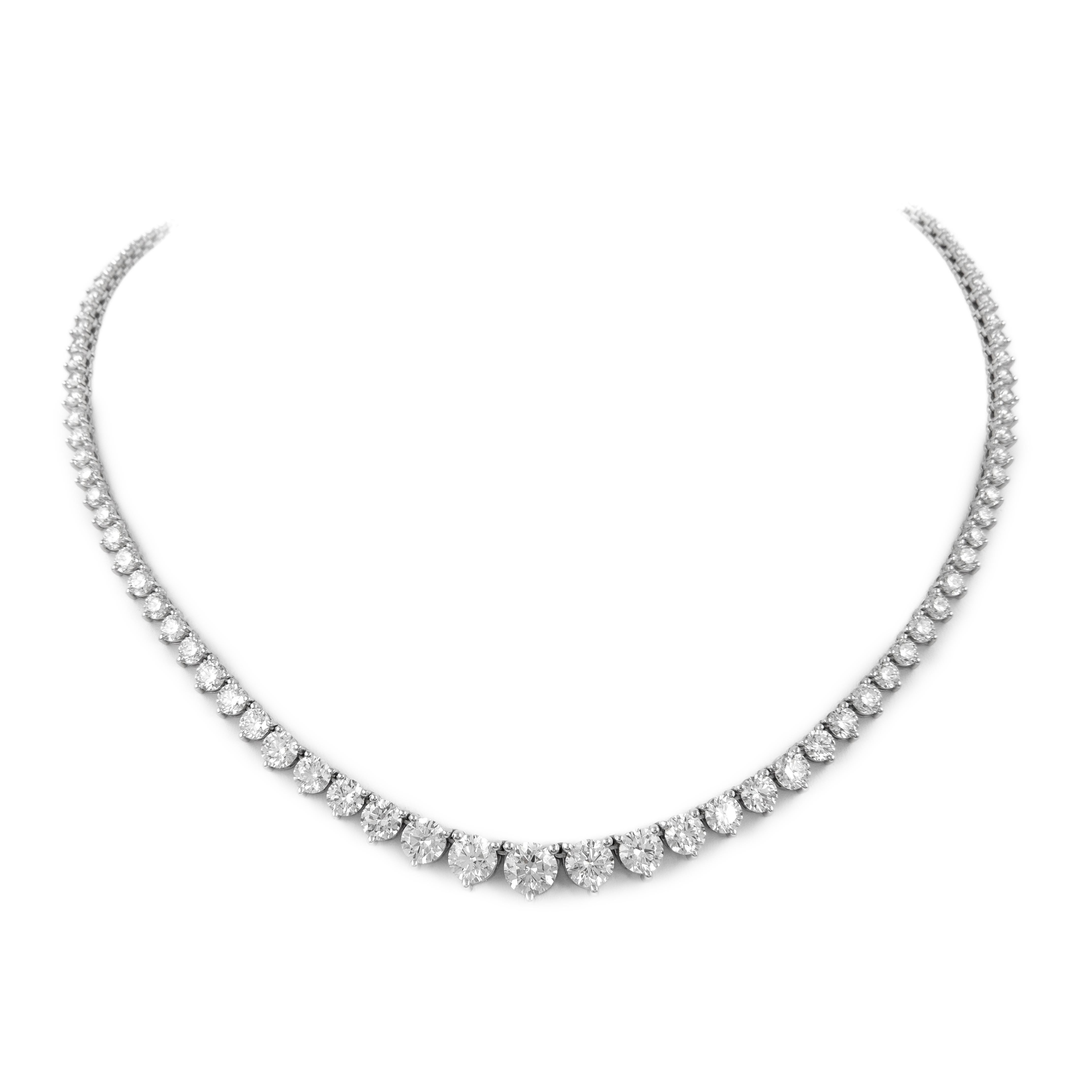 Contemporary Alexander GIA 18.58 Carat Diamond 3-Prong Tennis Riviera Necklace 18k White Gold